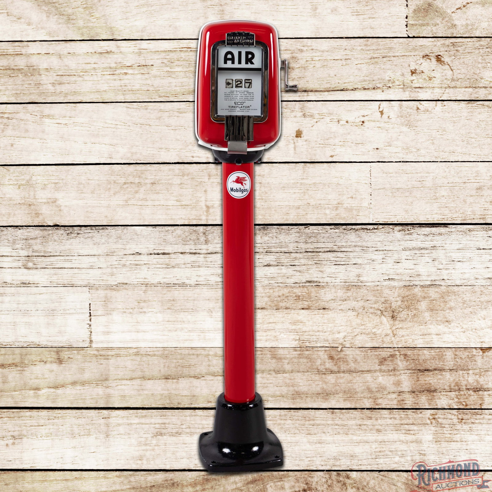 Eco Tireflator Air Meter Mobil Gasoline Professionally Restored: Eco Tireflator with pedestal base that has been professionally restored. The meter features vibrant red and white paint with high gloss.. The meter includes chrome trim, a new manufacturer plate on th