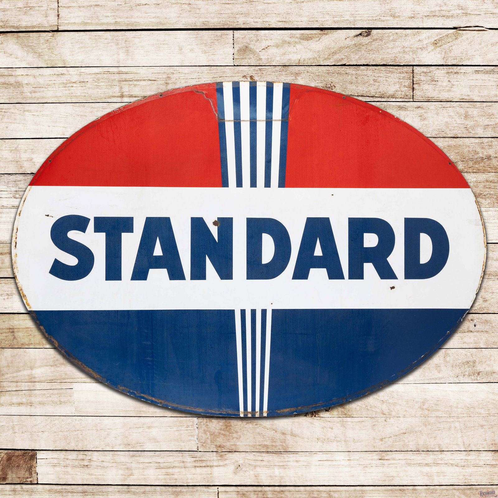 Standard Gasoline 7' Double Sided Porcelain ID Sign: DSP (double sided porcelain) sign has good color. Side #1 has moderate gloss with marks, chips and cloudiness. The perimeter has areas of discoloration with chips along the outer edges. The reverse ha