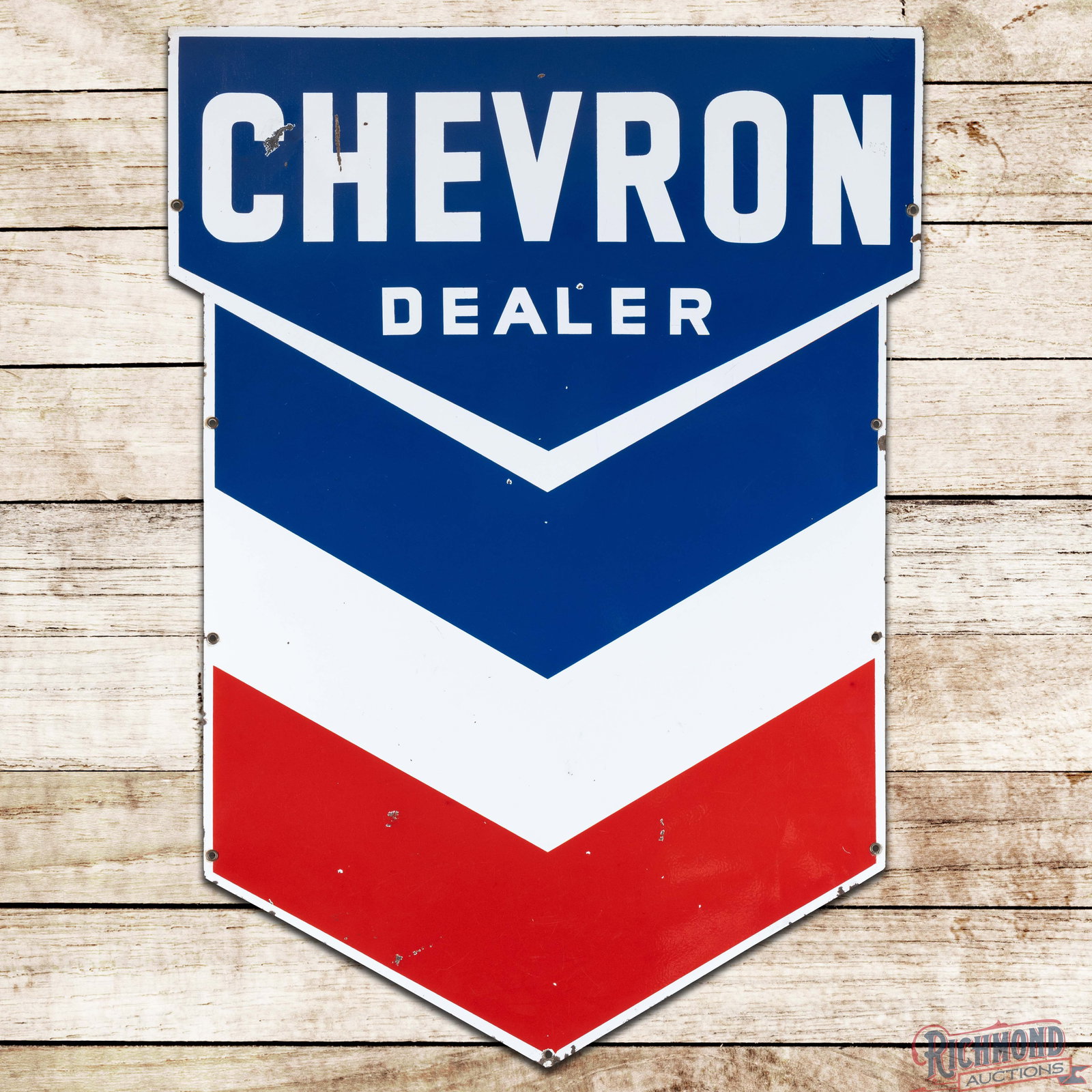 Chevron Gasoline Dealer 4.5' Die Cut Single Sided Porcelain Sign w/ Hallmark: SSP (single sided porcelain) die cut sign has excellent color and gloss. The display has light wear with chips and an indentation in the "C" of Chevron. The perimeter has a faint bend on the lower rig