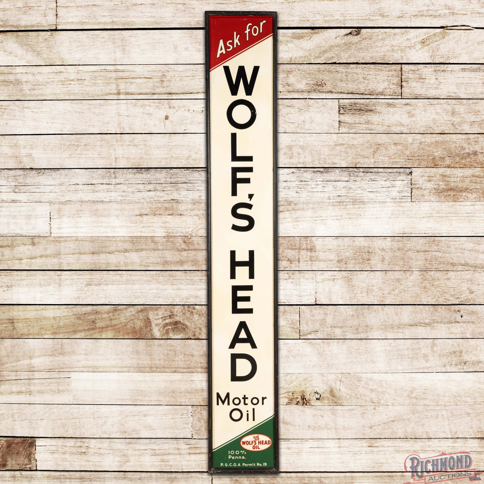 Ask for Wolf's Head Motor Oil 7' Emb. Single Sided Tin Sign w/ Logo (1 of 3)