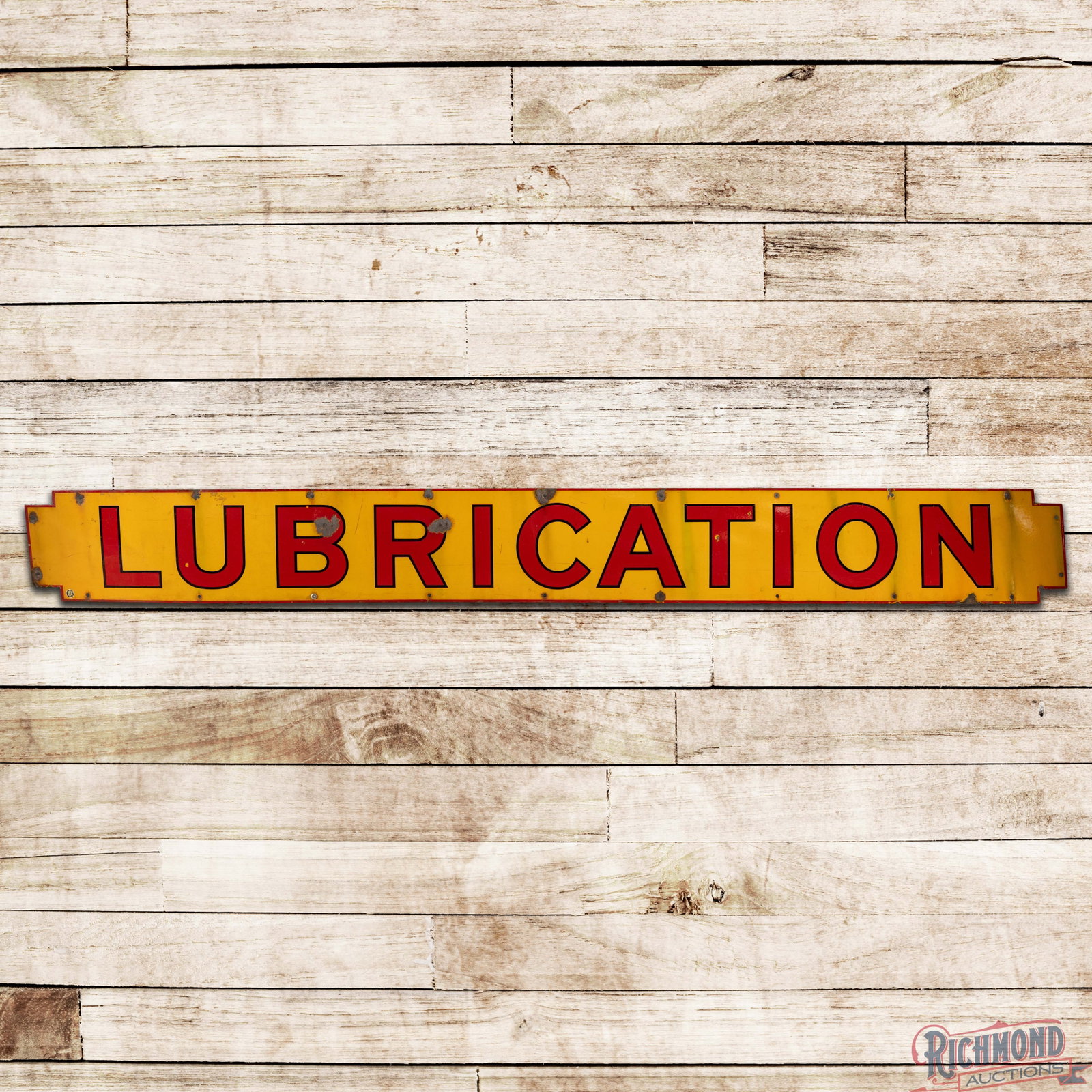 Shell Lubrication 9' Single Sided Porcelain Service Station Sign: SSP (single sided porcelain) die cut sign has good color and gloss. The display has surface wear, discoloration, two large chips in the center field and other smaller chips in the outer fields. The pe