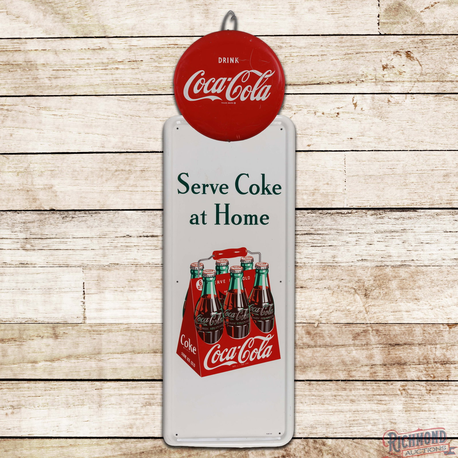 Coca Cola "Serve Coke at Home" 4.5' Single Sided Tin Pilaster Sign w/ Button: SST (single sided tin) pilaster Coke sign has excellent color and shine. The six pack sign has a clean field with light wear in the outer fields. The perimeter has small paint chips, rubs and discolor
