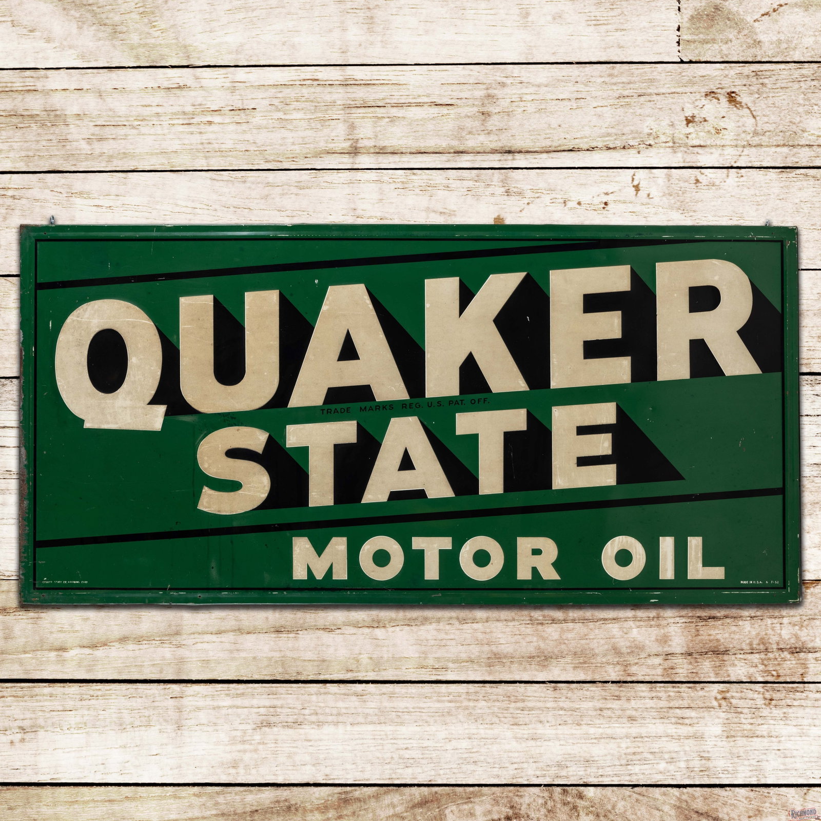 1952 Quaker State Motor Oil 6'Reflective Emb. Single Sided Tin Sign: SST (single sided tin) embossed self-framed sign with white reflective lettering has good color and shine. The field has slight toning to the reflective lettering with areas of discoloration and surfa