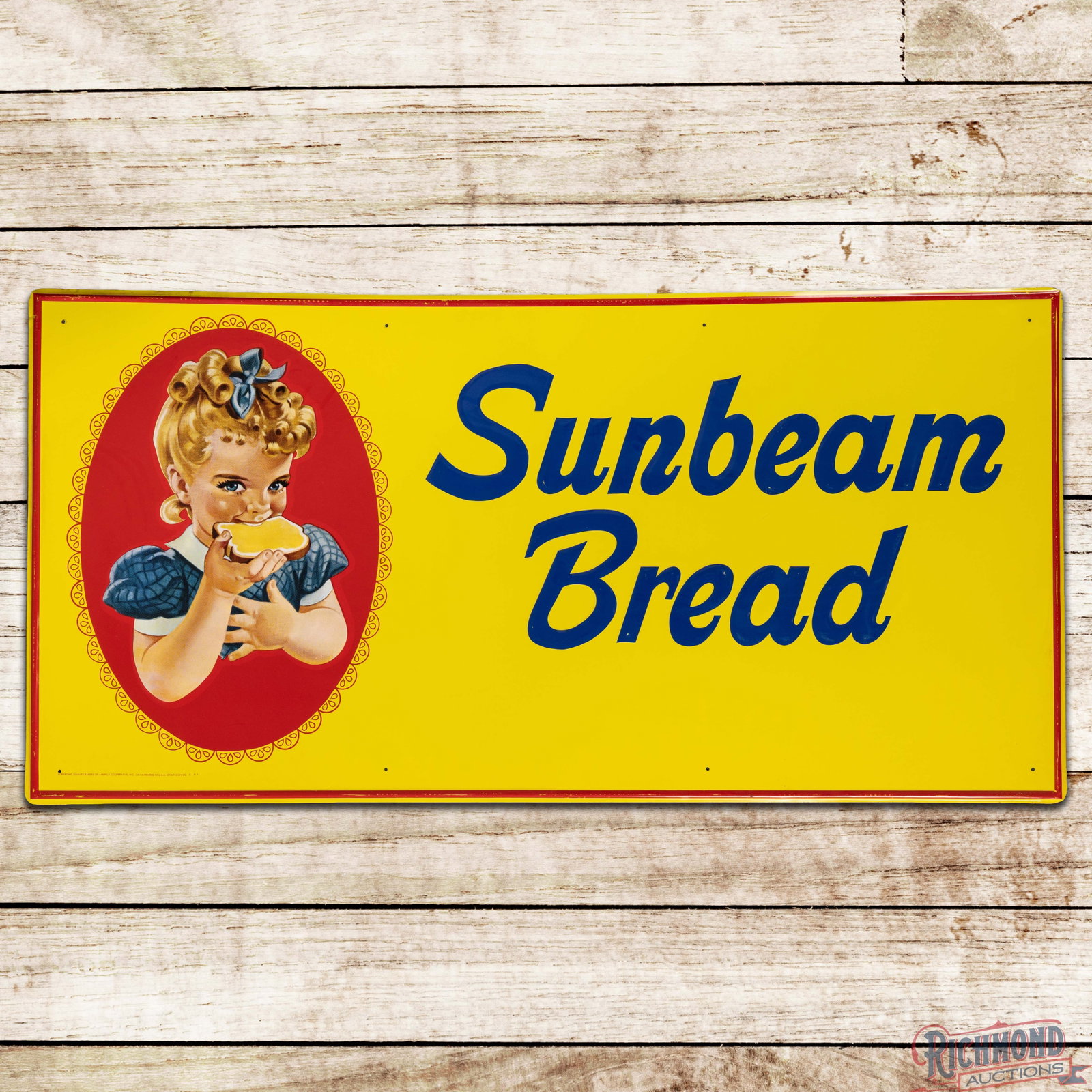 Sunbeam Bread 6' Emb. Single Sided Tin Sign w/ Little Miss Sunbeam: SST (single sided tin) embossed self-framed sign has excellent color and shine. The display has light wear to the embossed lettering. The perimeter has fine scratches and paint chips to the self-frame