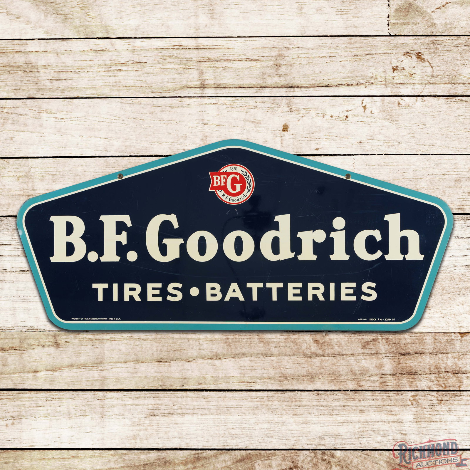 1953 NOS BF Goodrich Tires Batteries Double Sided Tin Sign w/ Orig. Box: DST (double sided tin) sign with the original shipping box has excellent color and shine. Side #1 has surface wear with scratches and marks in the fields. The reverse has similar wear with a few small