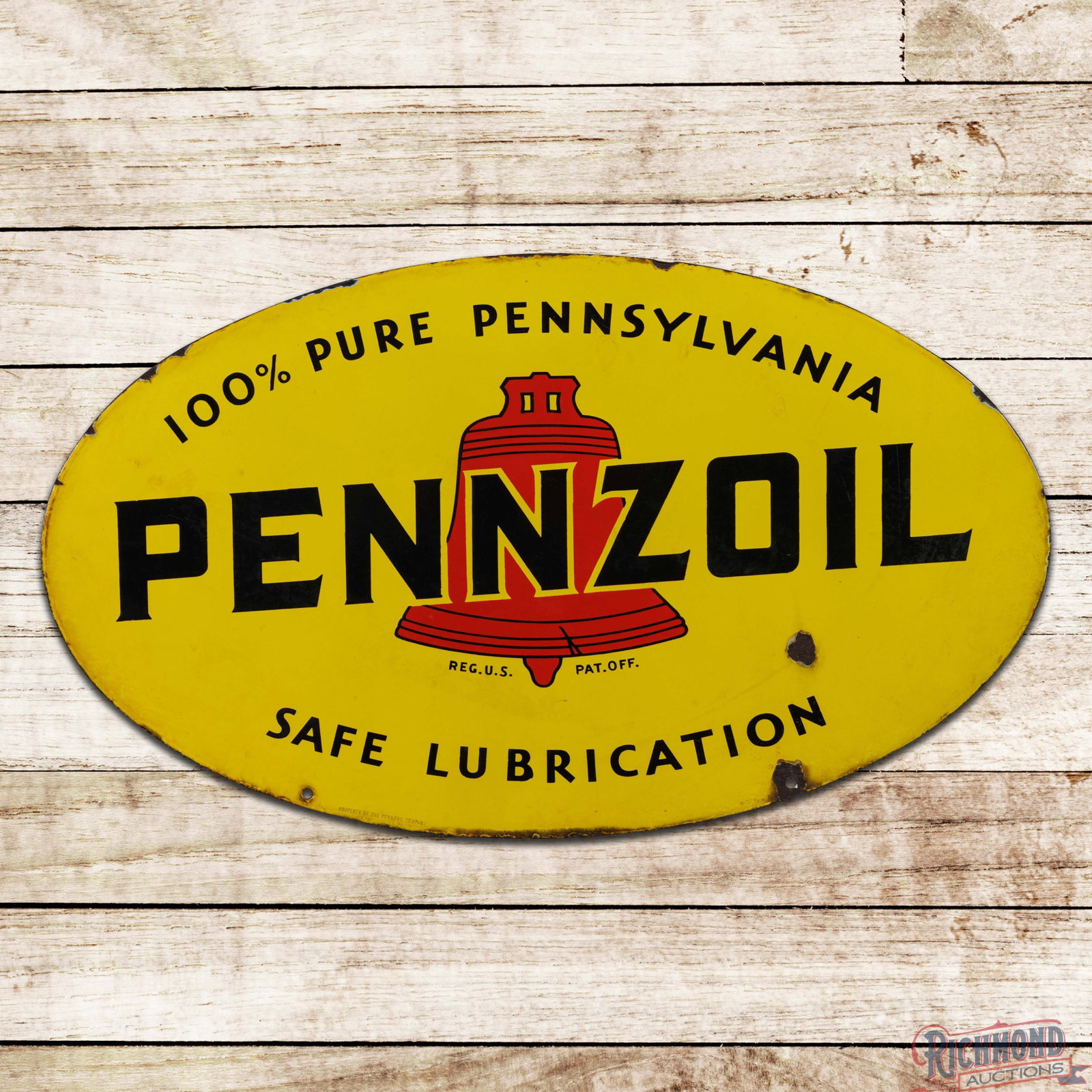 Pennzoil Safe Lubrication 100% Pure Pennsylvania Double Sided Porcelain Sign w/ Red Bell Logo: DSP (double sided porcelain) sign has good color and gloss. The display has discoloration to the yellow porcelain enamel with two chips in the lower left field. The perimeter has chips with areas of m