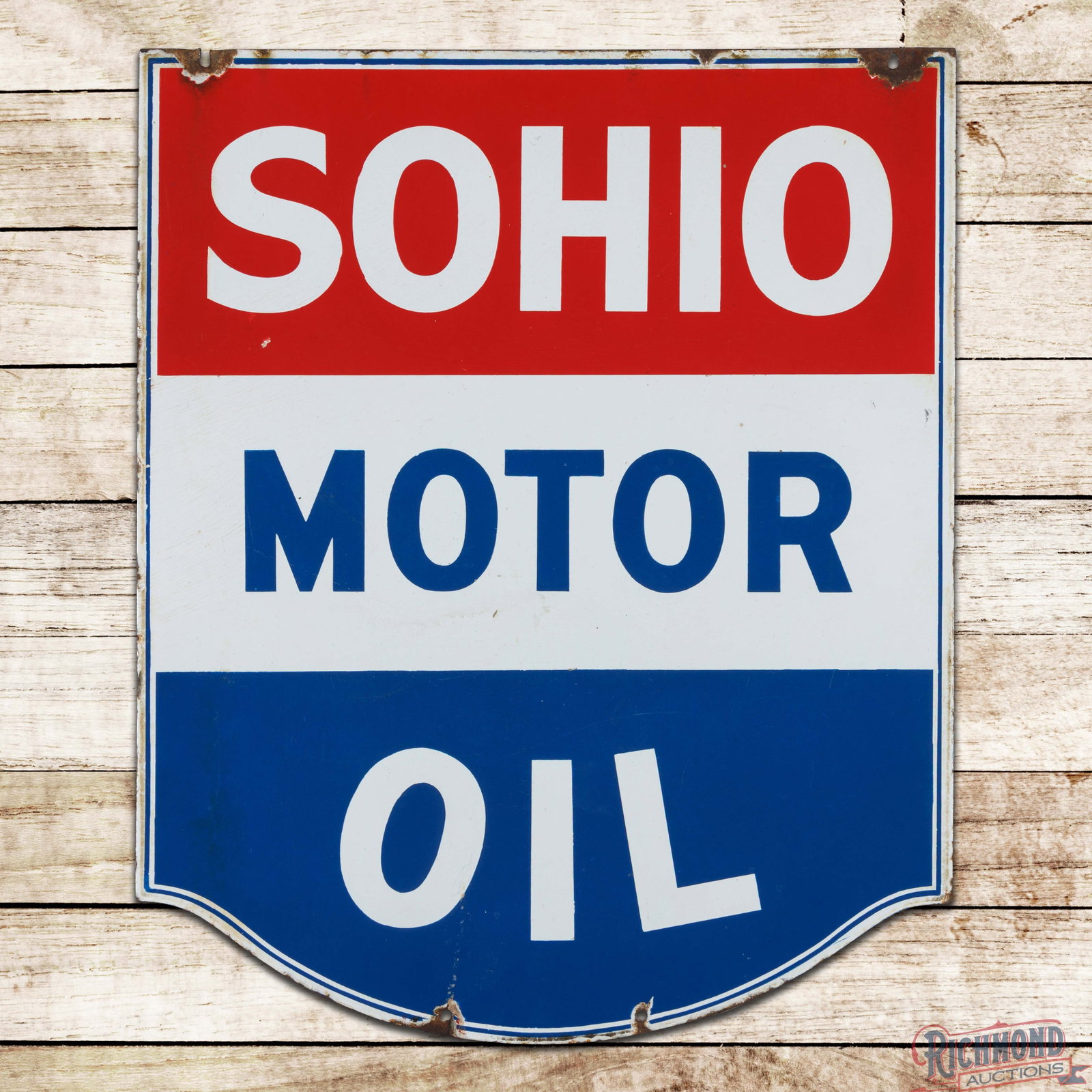 Sohio Motor Oil 30" Double Sided Porcelain Sign: DSP (double sided porcelain) sign has good color and gloss. Side #1 has light surface wear with tiny chips and crazing in the left fields. The perimeter has discoloration with chips and metal loss at 