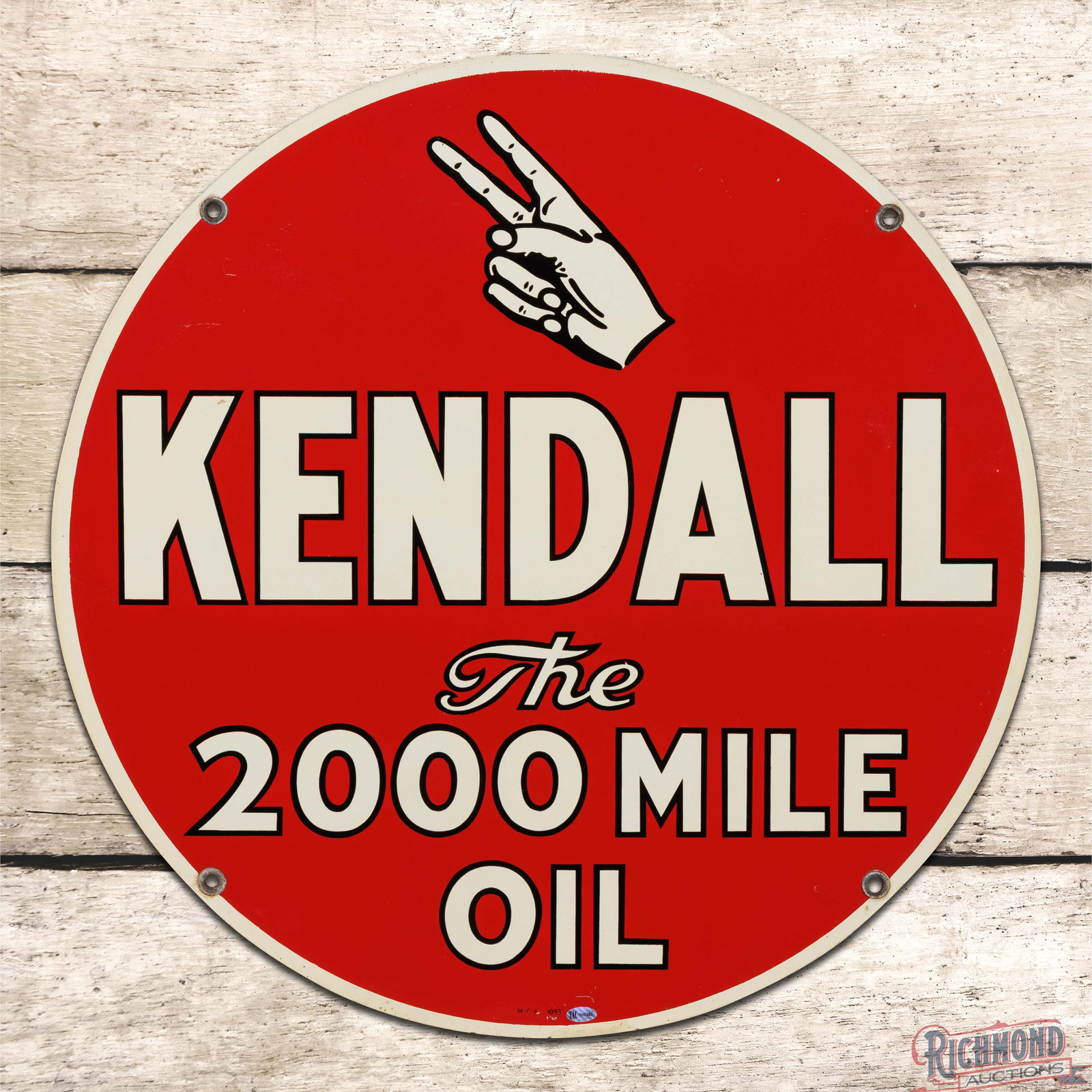 Kendall The 2000 Mile Motor Oil 24" Double Sided Tin Sign w/ Logo: DST (double sided tin) sign has excellent color and shine. Side #1 is very clean overall with light wear and fine scratches in the outer fields. The perimeter has tiny paint chips, minor discoloration