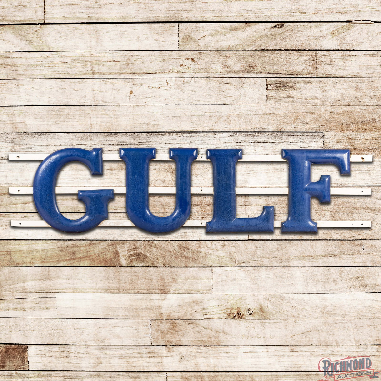 Gulf Gasoline Service Station Die Cut Single Sided Porcelain 3D Letter Sign: SSP (single sided porcelain) convex letters with the original porcelain channel have good color and moderate gloss. The letters exhibit cloudiness with surface wear and errant paint along the edges. T