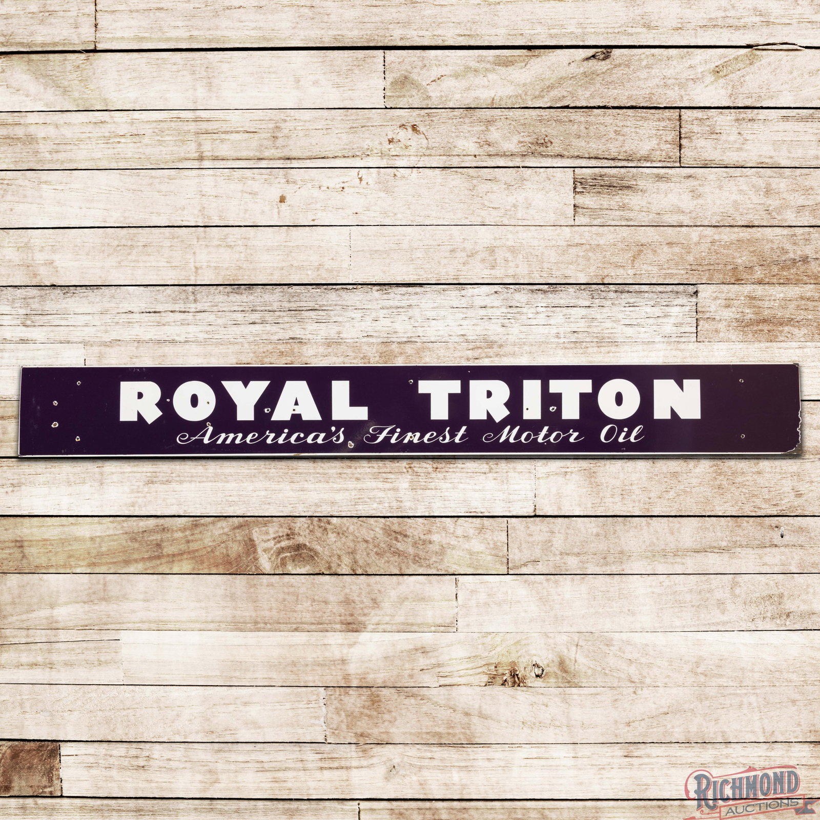 Union 76 Royal Triton America's Finest Motor Oil 10' Single Sided Porcelain Sign: SSP (single sided porcelain) rolled edge sign has excellent color and gloss. The field has chips at some of the factory mounting holes with non-factory holes in the left fields. The perimeter has addi