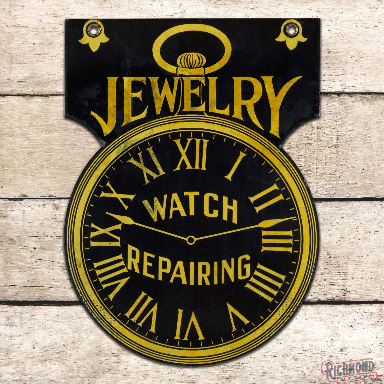 Jewelry Watch Repairing Double Sided Porcelain Die Cut Sign: DSP (double sided porcelain) die cut sign has good color and moderate gloss. The field has light surface wear with discoloration and cloudiness. There is a color variation from the upper edges of the 