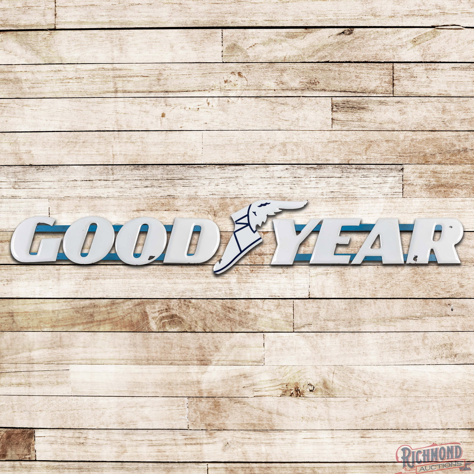 Goodyear 12" Single Sided Porcelain Letter Sign w/ Wingfoot: SSP (single sided porcelain) convex letter sign has excellent color and gloss. The letters each measure 12" tall and have been mounted to wooden slats. The wingfoot measures 10.5" x 30". The letters h