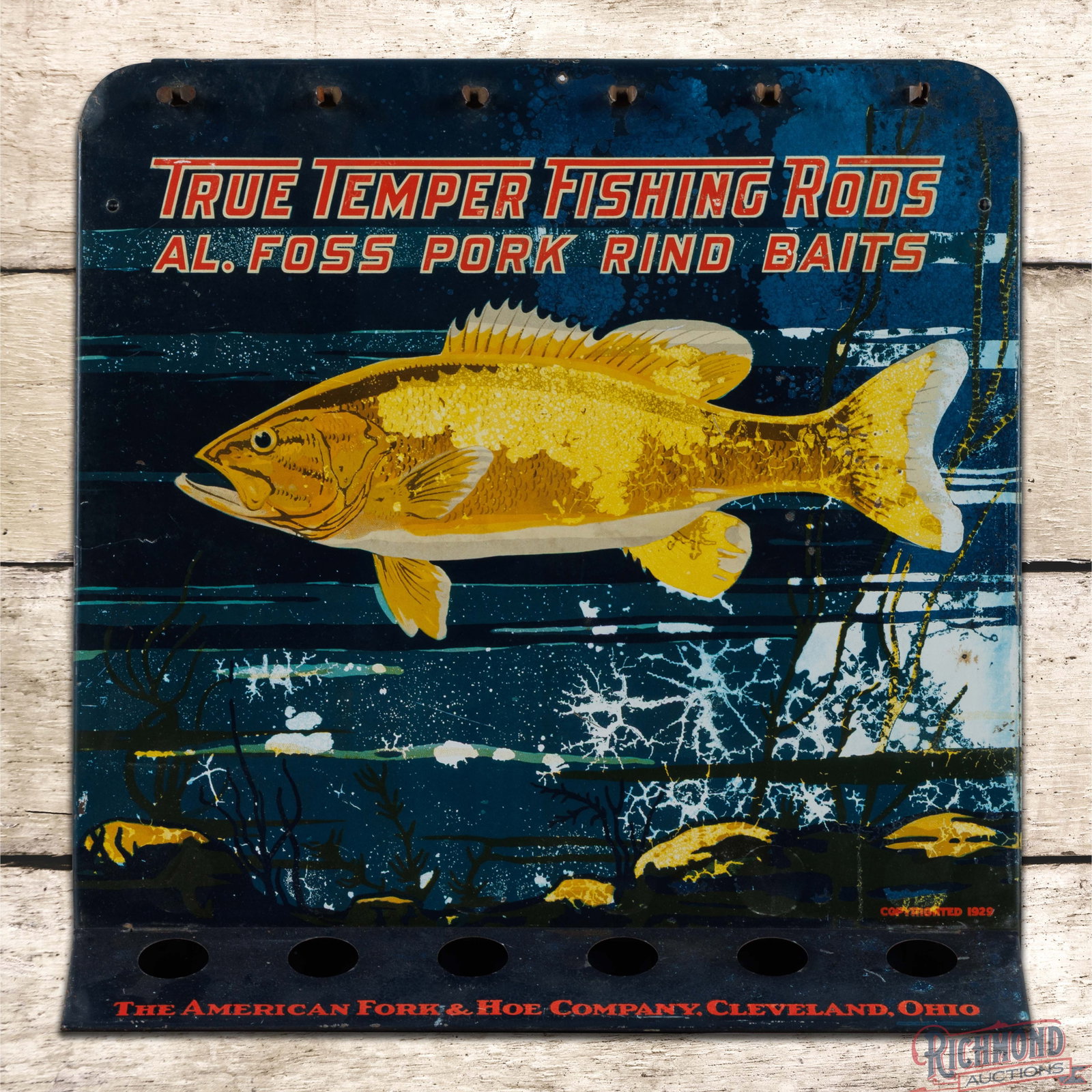 True Temper Fishing Rods Al. Foss Pork Rind Baits Single Sided Tin Display Sign Cleveland Ohio (1 of 3)