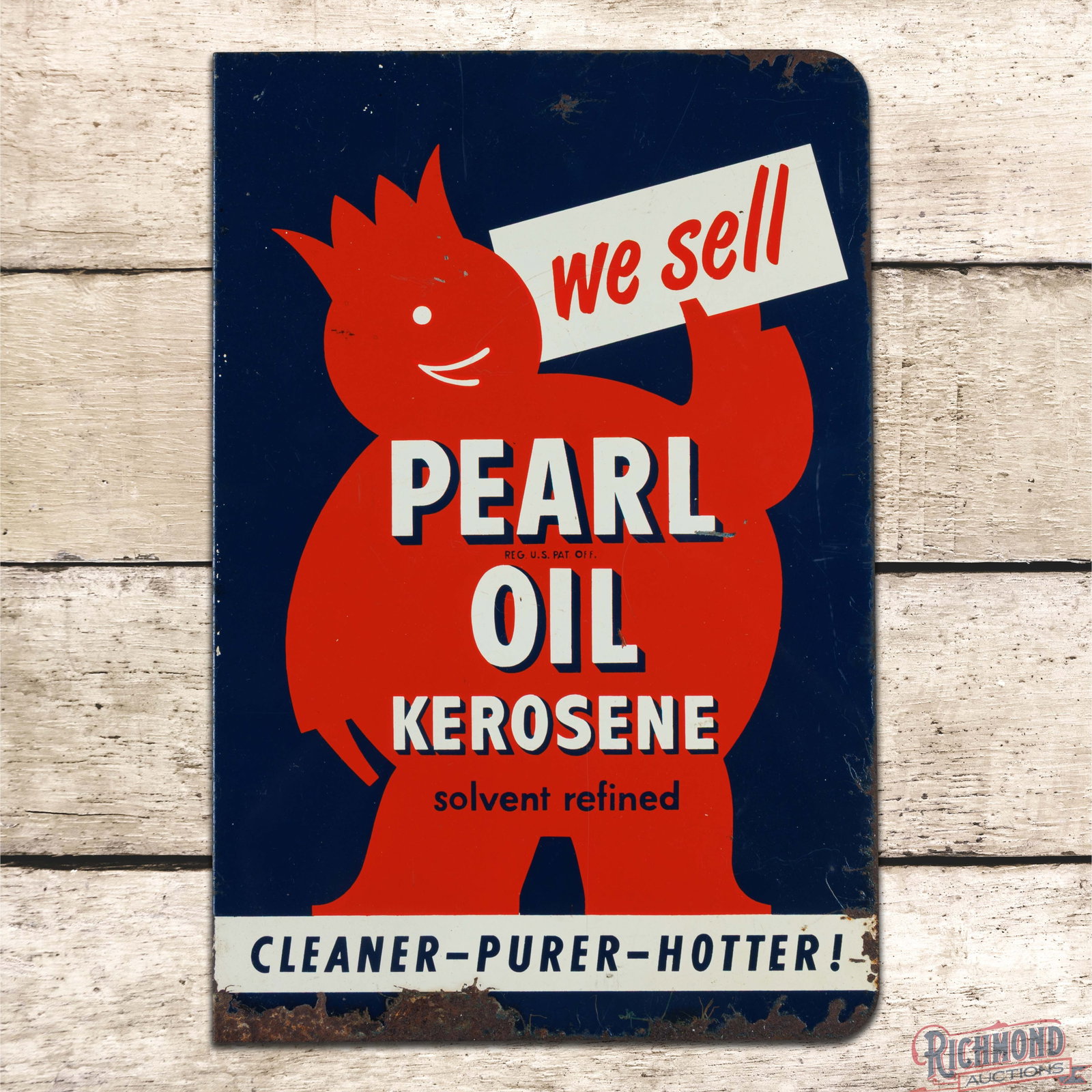 We Sell Pearl Oil Kerosene "Cleaner Purer Hotter!" Double Sided Tin Flange Sign: DST (double sided tin) flange has very good color and shine. Side #1 has light surface wear with small paint chips and minor oxidation in the fields. The perimeter has paint loss along the outer edges