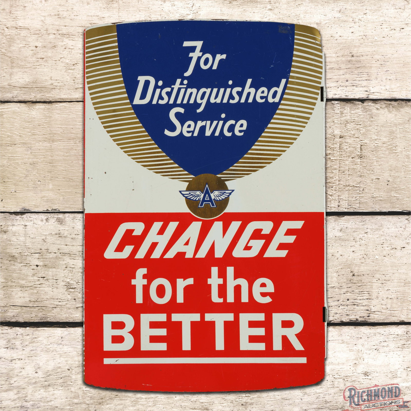 Veedol Flying A Motor Oil Double Sided Tin Flange Sign w/ Logo: DST (double sided tin) flange has excellent color and shine. Side #1 has light wear with small paint chips in the outer fields and edges. The reverse has additional surface wear with minor bends on th
