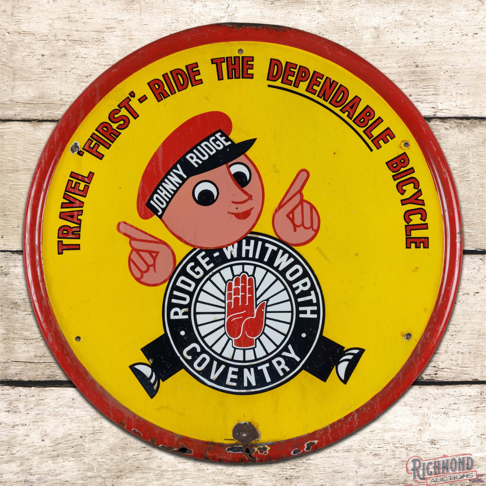 Rudge Whitworth Coventry Ride the Dependable Bicycle 23" Single Sided Porcelain Sign w/ Johhny Rudge: SSP (single sided porcelain) self-framed sign has good color and gloss. The field has light wear with small chips and areas of discoloration. The perimeter has similar wear with chips at three mountin