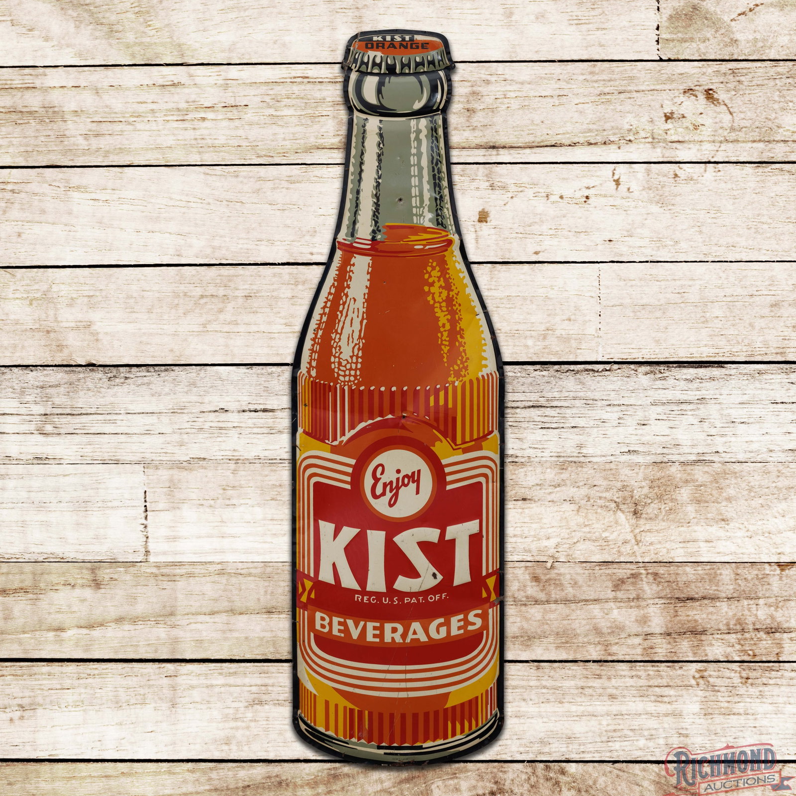 Enjoy Kist Beverages 55" Emb. Die Cut Single Sided Tin Bottle Sign: SST (single sided tin) embossed die cut sign has good color and shine. The display has general surface wear with light bends and three small non-factory holes in the field. The perimeter has paint chi