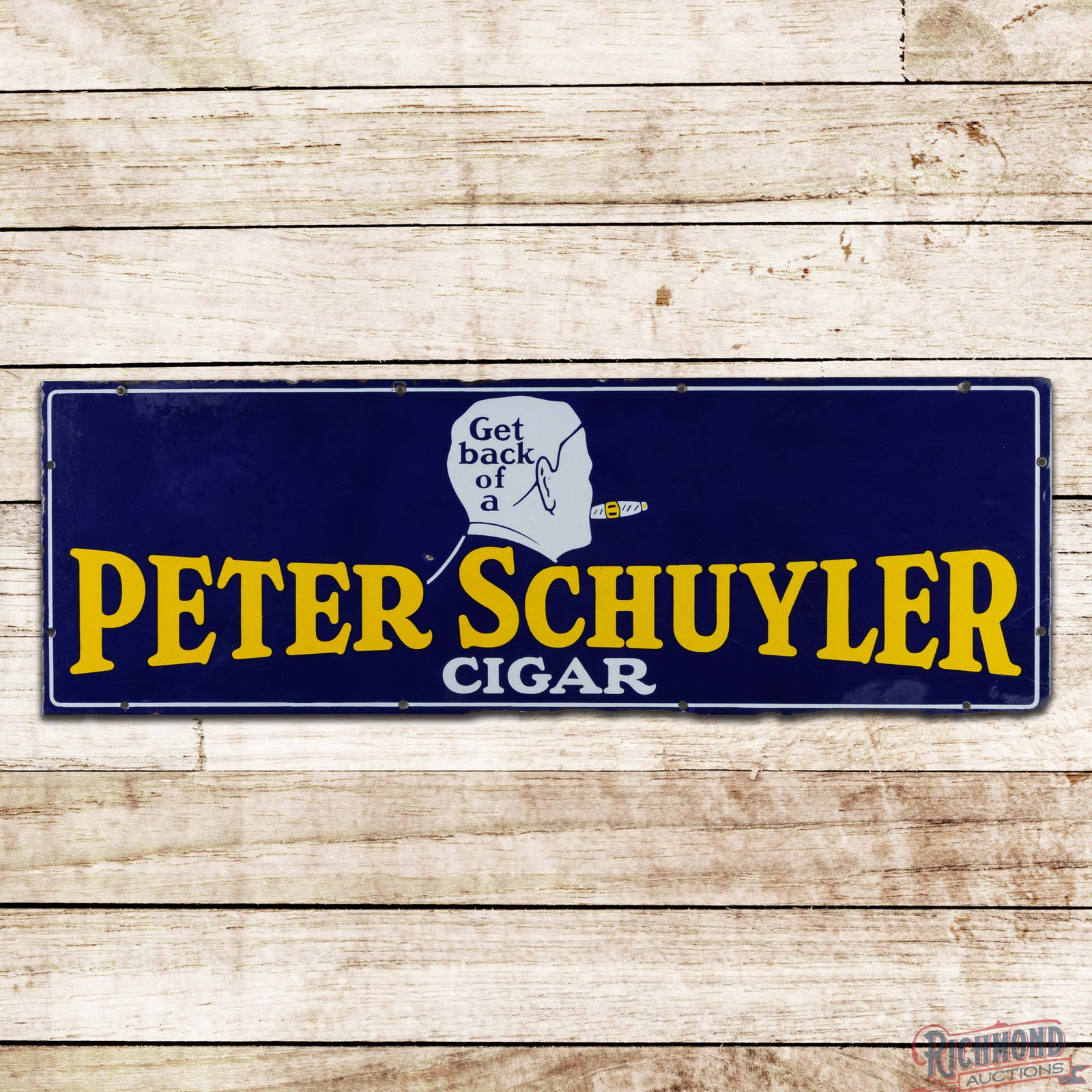 Peter Schuyler Cigar 36" Single Sided Porcelain Sign w/ Smoking Man: SSP (single sided porcelain) sign has outstanding color and gloss. The field is very clean overall with a small chip above the "R" in Peter and areas of faint cloudiness in the left outer fields. The 