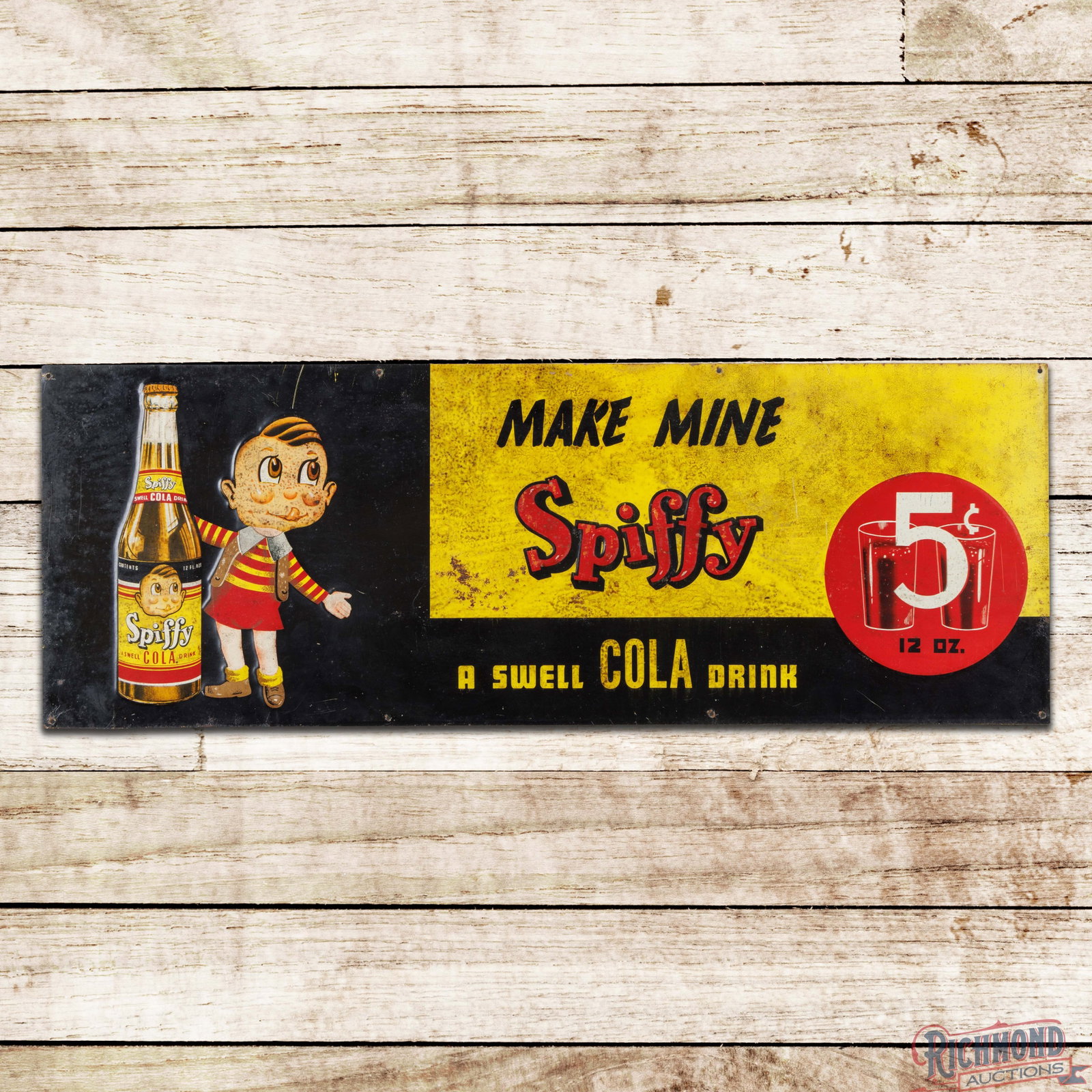Make Mine Spiffy "A Swell Cola Drink" 5 Cents Emb. Single Sided Tin Sign w/ Boy & Bottle (1 of 3)