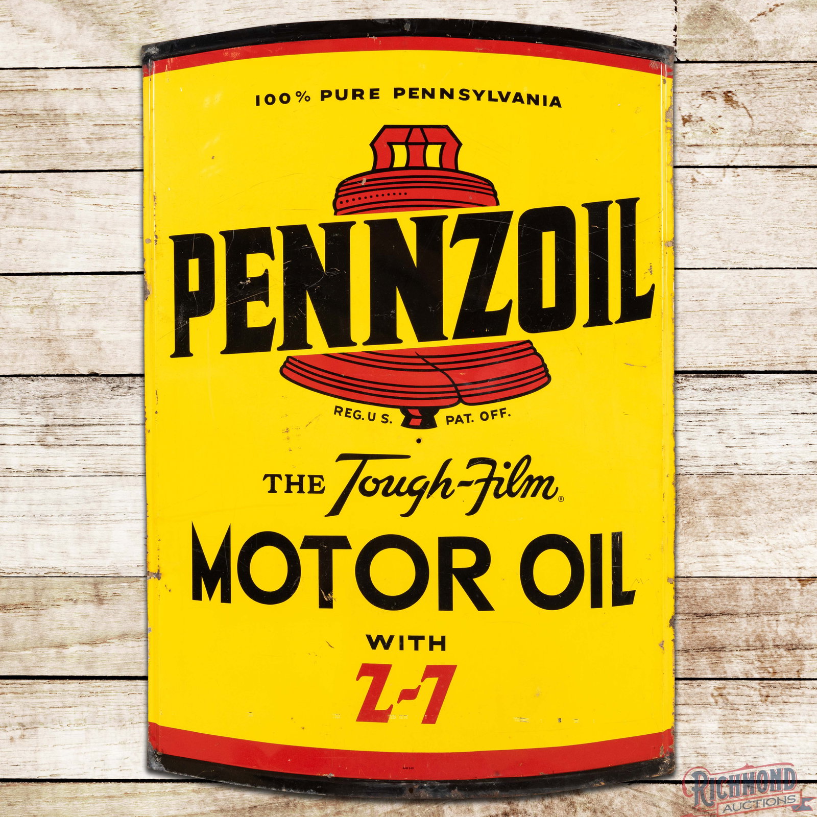 1961 Pennzoil The Tough Film Motor Oil Single Sided Tin Sign: SST (single sided tin) self-framed sign has good color and shine. The display has scratches with paint chips and small dings. The outer fields and perimeter have additional wear with oxidation, bends 