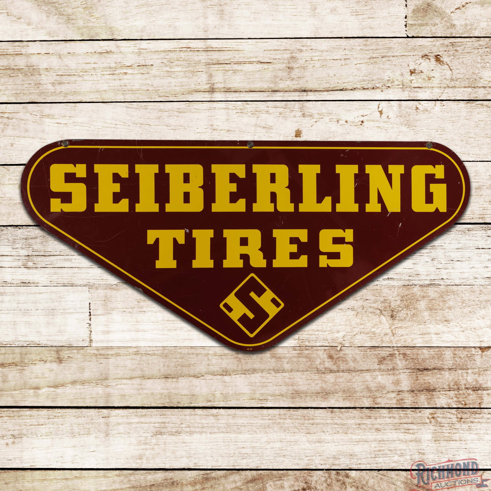 Seiberling Tires 48" Double Sided Tin Sign w/ Logo: DST (double sided tin) die cut sign has excellent color and shine. Side #1 has fine scratches with paint chips in the right outer field. The reverse has slightly more wear. Both factory grommets are p