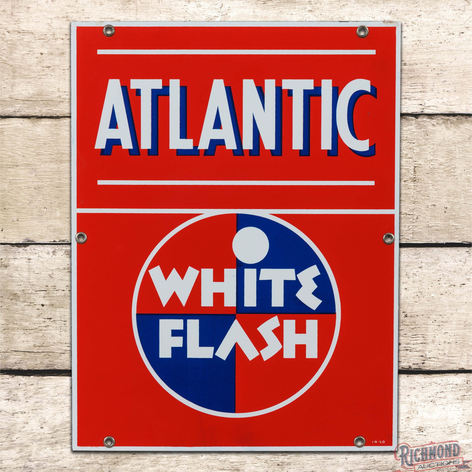 Atlantic White Flash Gasoline Single Sided Porcelain Pump Plate Sign w/ Logo: SSP (single sided porcelain) pump plate has excellent color and gloss. The field and perimeter are exceptionally clean with minor surface imperfections and slight discoloration along the lower edge. A