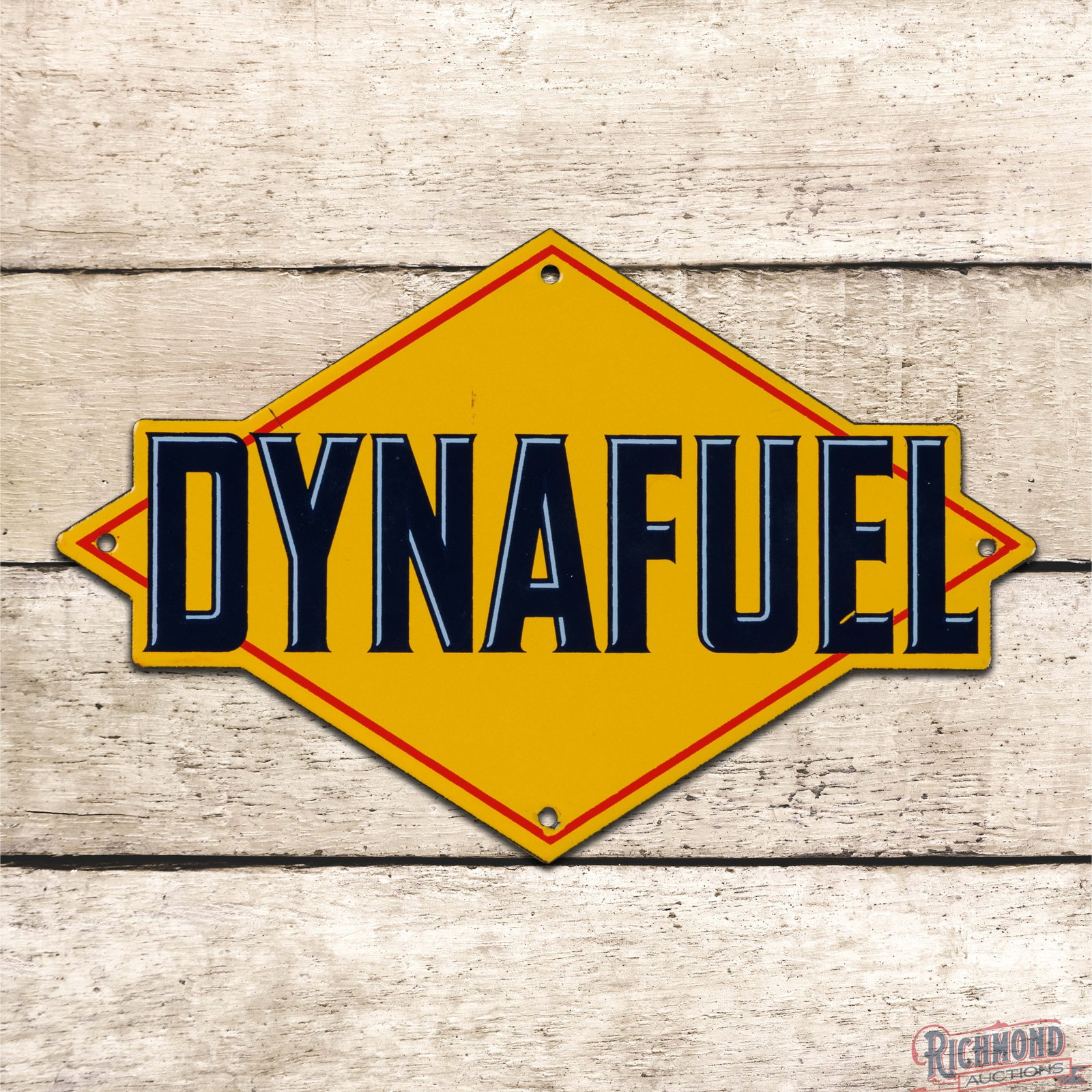 Sunoco Dynafuel Gasoline Die Cut Single Sided Porcelain Pump Plate Sign: SSP (single sided porcelain) die cut sign has outstanding color and gloss. The display is exceptionally clean with a small scratch in the upper left field and left hand edge. Overall a colorful exampl