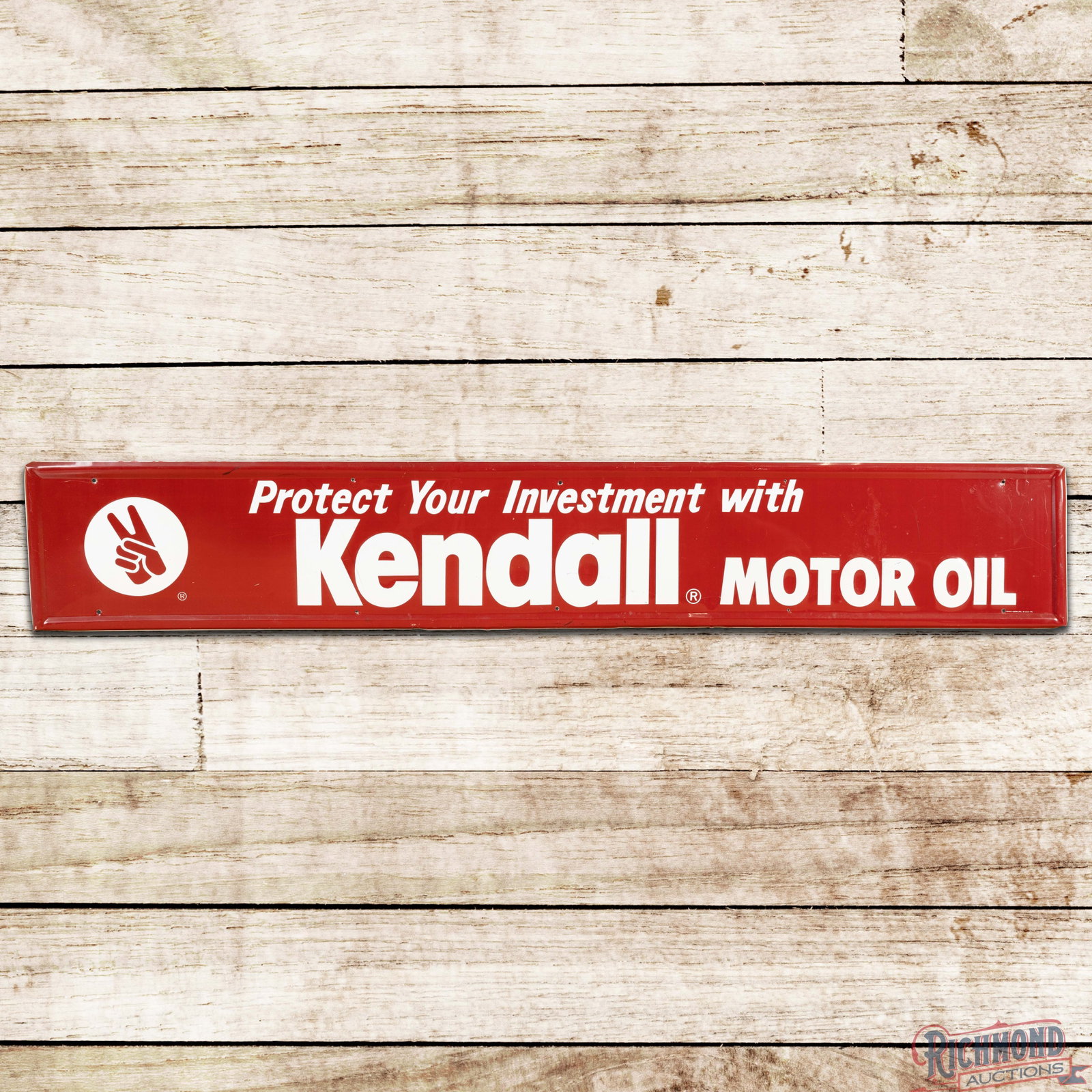Kendall Motor Oil "Protect Your Investment" Emb. Single Sided Tin Sign w/ Logo: Single sided metal embossed self-framed sign has very good color and shine. The field has scratches, marks and a vertical bend in the right field. The perimeter has fine scratches and bends on the sel