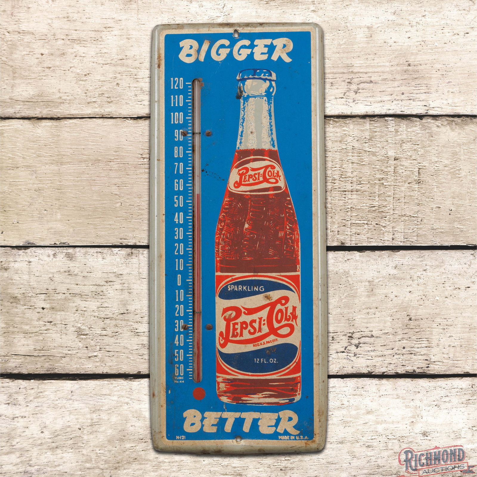 Pepsi Cola Bigger Better Single Sided Tin Double Dot Thermometer w/ Bottle (1 of 3)