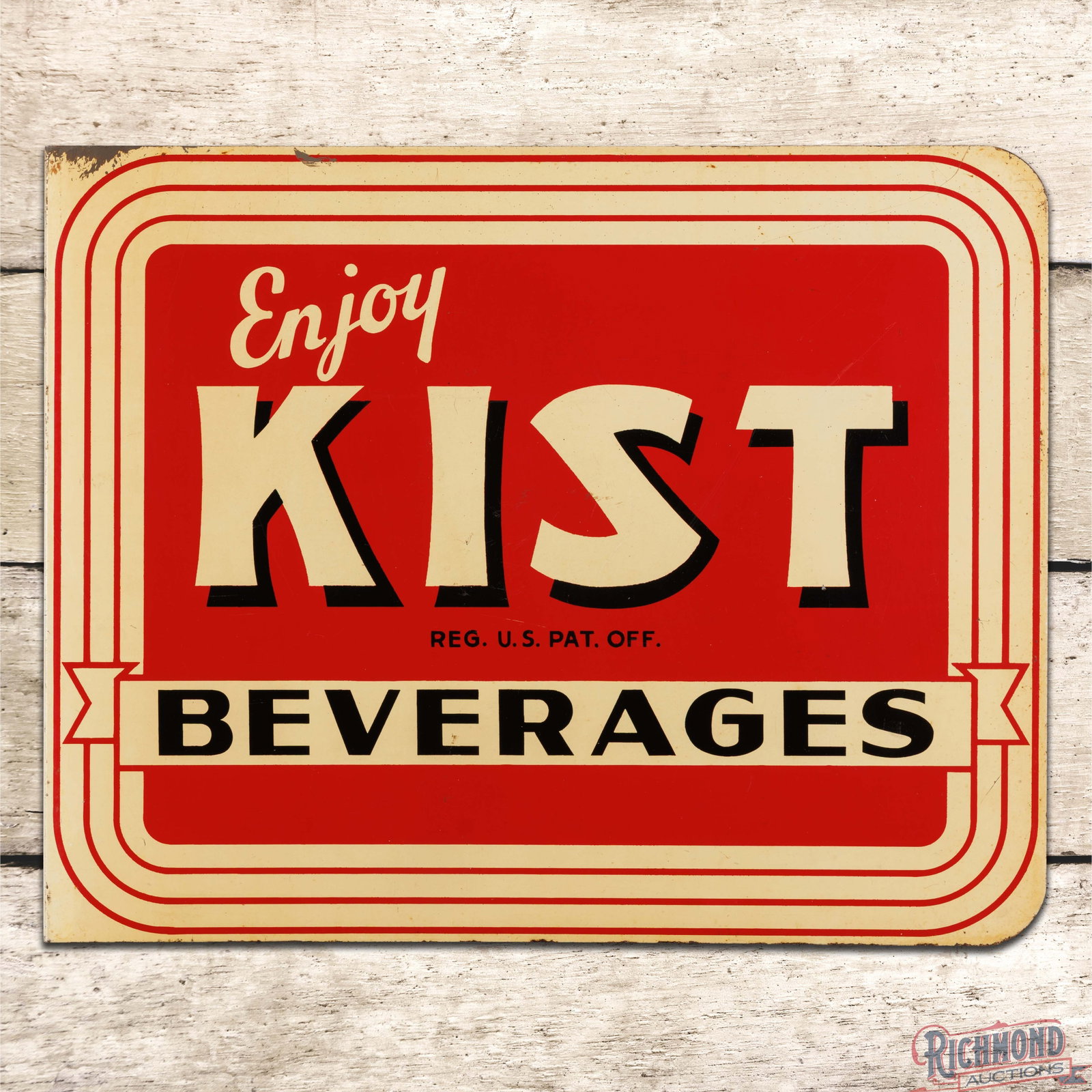 Enjoy Kist Beverages Double Sided Tin Flange Sign: DST (double sided tin) flange has excellent color and shine. The display has slight toning throughout with light wear, minor fine scratches and small paint chips in the field. The perimeter has paint 