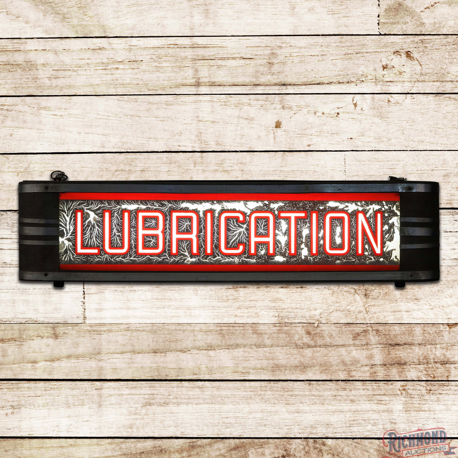 Lubrication 27" Reverse on Glass Lighted Sign: Reverse on glass internally lighted sign with the original metal can works properly. The glass face has areas of flaking and missing paint in the fields and the perimeter. The metal can features origi