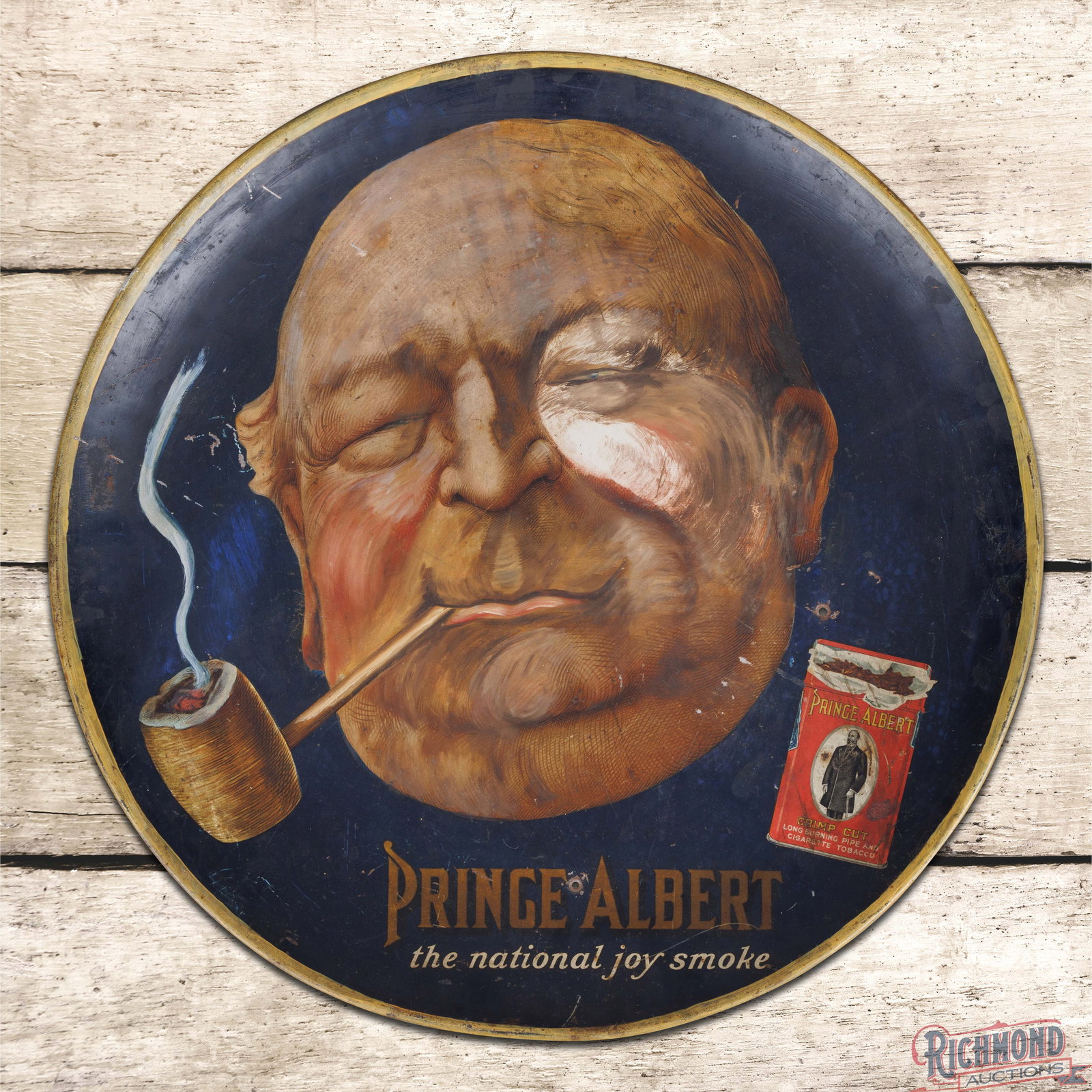 Prince Albert Crimp Cut Cigarette Tobacco 24" Single Sided Tin Charger Sign w/ "Smoking Man": SST (single sided tin) charger sign has good color and shine. The field has two non-factory holes with surface wear and areas of color match. The perimeter has scratches with additional areas of color