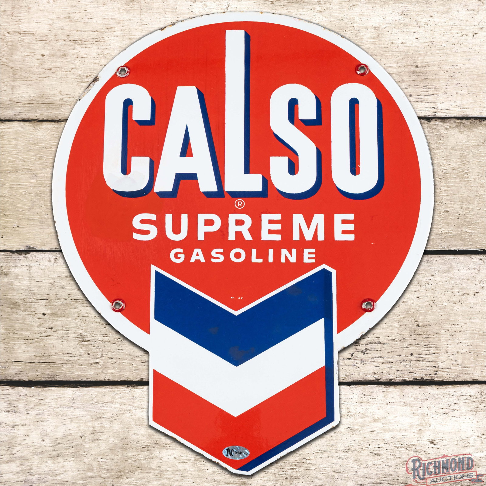 Calso Supreme Gasoline Single Sided Porcelain Pump Plate Sign w/ Chevron (1 of 3)