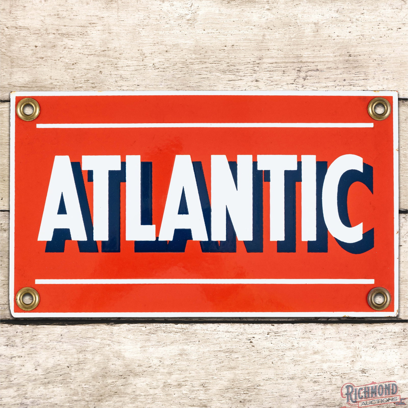 Atlantic Gasoline Single Sided Porcelain Pump Plate Sign "Small": Outstanding SSP (single sided porcelain) sign has excellent color and gloss. The field is clean. The perimeter has minor flea bites with a tiny bend on the lower left corner. All four original grommet