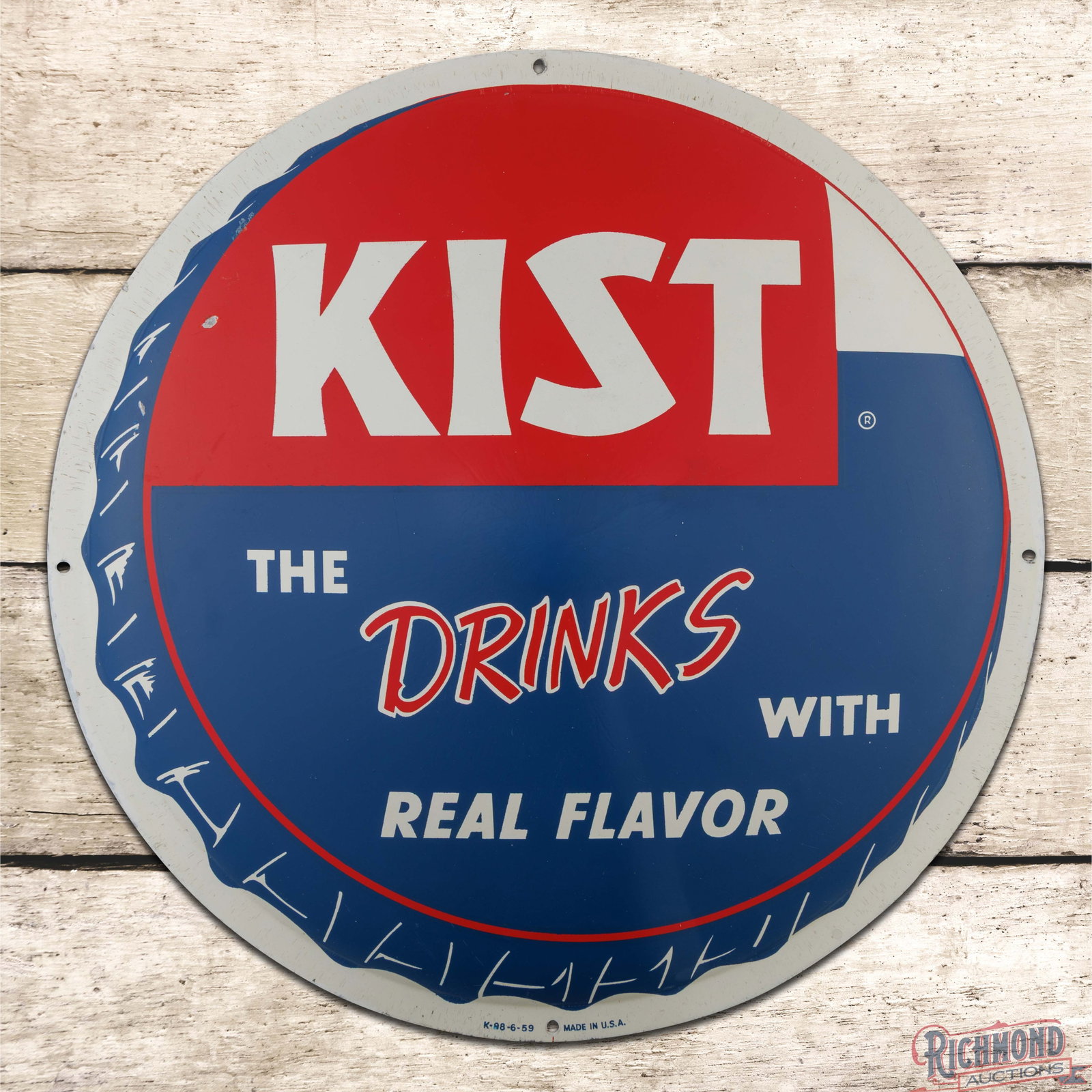 1959 Kist The Drinks with Real Flavor 15" Single Sided Tin Convex Bottlecap Sign: SST (single sided tin) convex sign has excellent color and shine. The display has light paper marks with a fine scratch and surface rub in the left fields. The perimeter has small areas of color match
