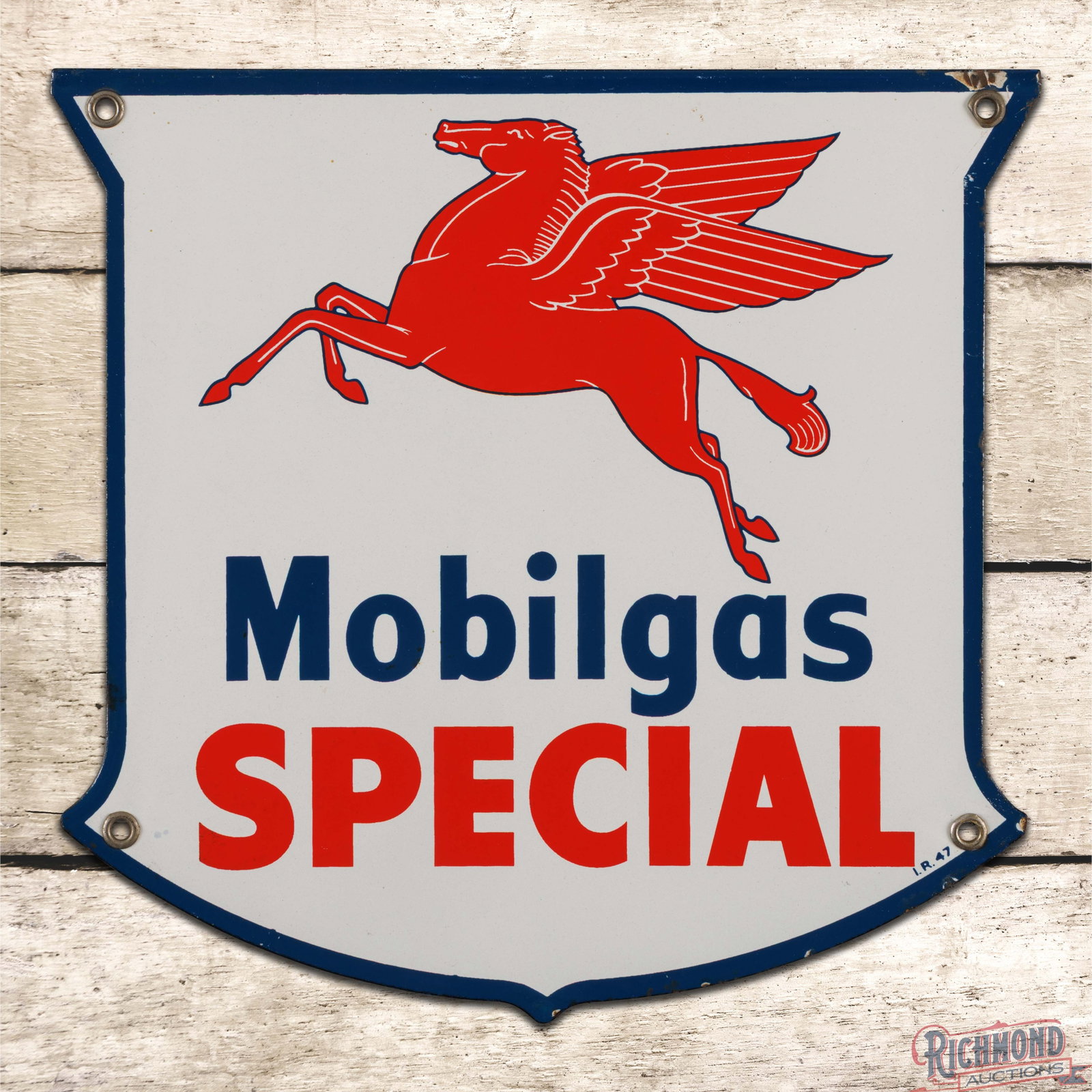 1947 Moilgas Special Gasoline Single Sided Porcelain Pump Plate Sign w/ Pegasus: SSP (single sided porcelain) pump sign has excellent color and gloss. The field is clean. The perimeter has chips along the outer edges with a tiny bend on the lower right corner. All four factory gro