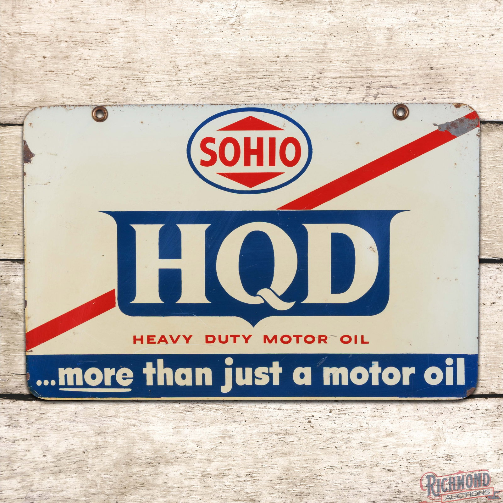 Sohio HQD Heavy Duty Motor Oil Double Sided Tin Sign w/ Logo: DST (double sided tin) sign has good color and shine. The display has a faint bend in the field with toning and light wear. The perimeter has paint chips with oxidation along the edges. The reverse ha