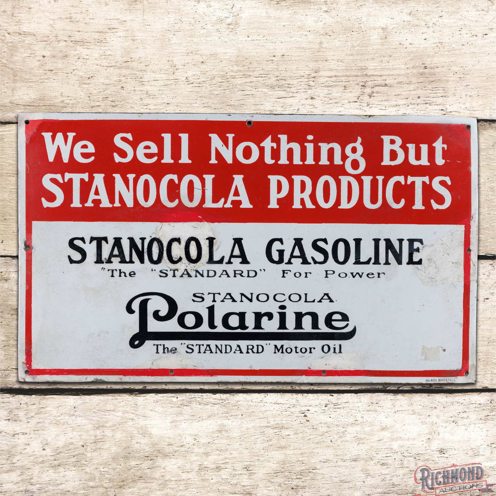 We Sell Nothing But Stanocola Products Gasoline Single Sided Porcelain Sign: SSP (single sided porcelain) sign has good color and gloss. The sign is slightly wavy and the field exhibits wear with color matched chips. The perimeter has additional areas of color match and the si