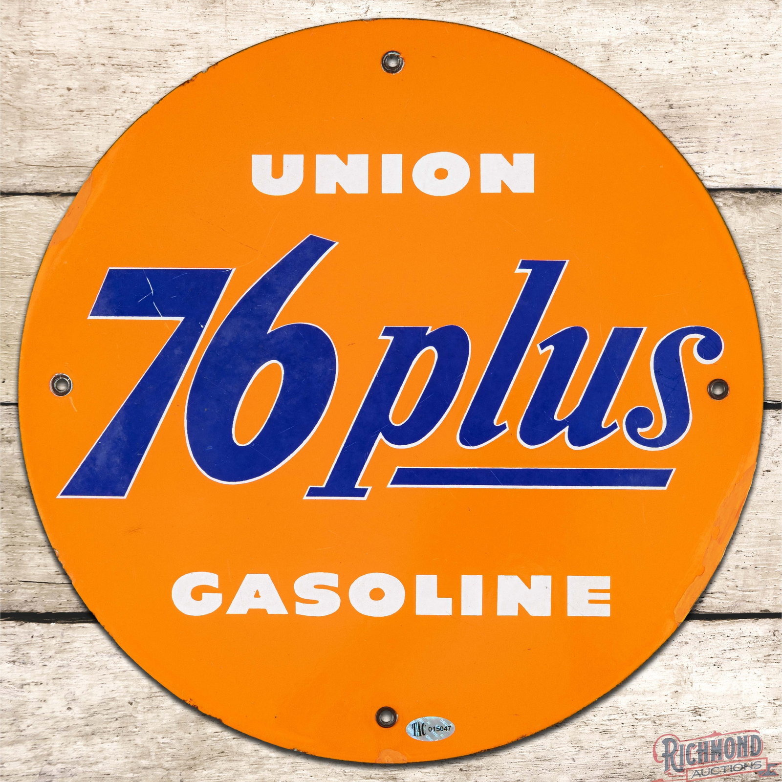 Union 76 Plus Gasoline Single Sided Porcelain Pump Plate Sign: SSP (single sided porcelain) sign has very good color. The field has light wear with lower gloss to the blue lettering. The perimeter has color match at the 4, 6, and 10 o'clock edges. All four factor