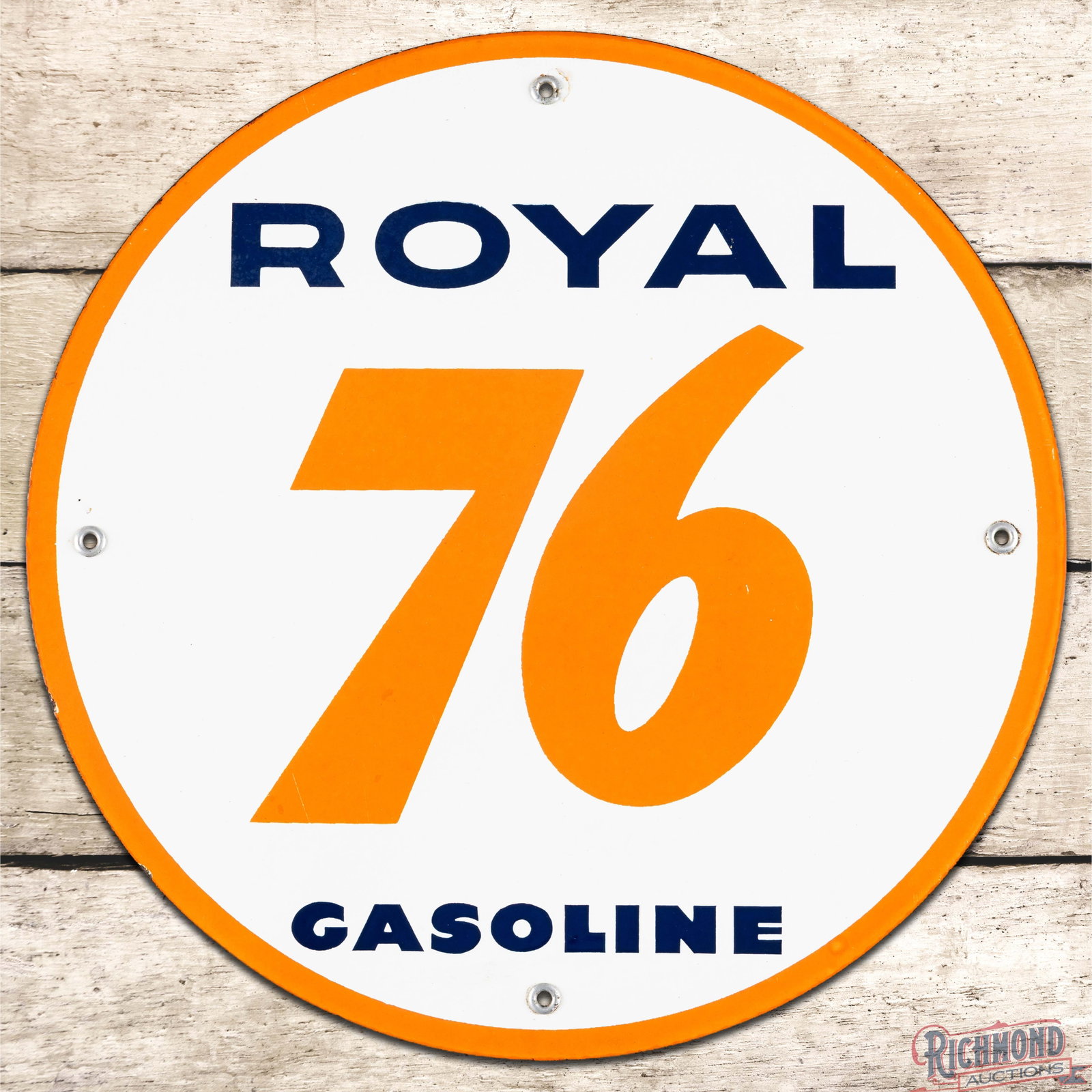 Union 76 Royal Gasoline Single Sided Porcelain Pump Plate Sign: SSP (single sided porcelain) pump plate has very good color and gloss. The display has a tiny nick in the "6" and minor cloudiness to the "Royal" lettering. The perimeter has crazing at the upper moun