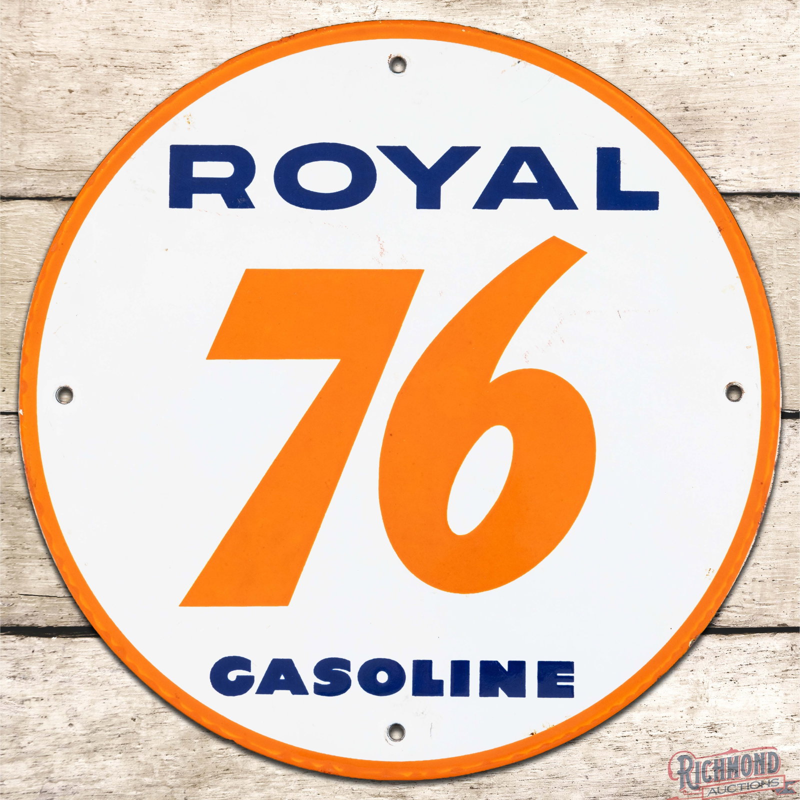 Union 76 Royal Gasoline Single Sided Porcelain Pump Plate Sign: SSP (single sided porcelain) sign has excellent color and gloss. The field has light wear with small orange factory blemishes around the "76" numbers. The perimeter has tiny chips with areas of minor 
