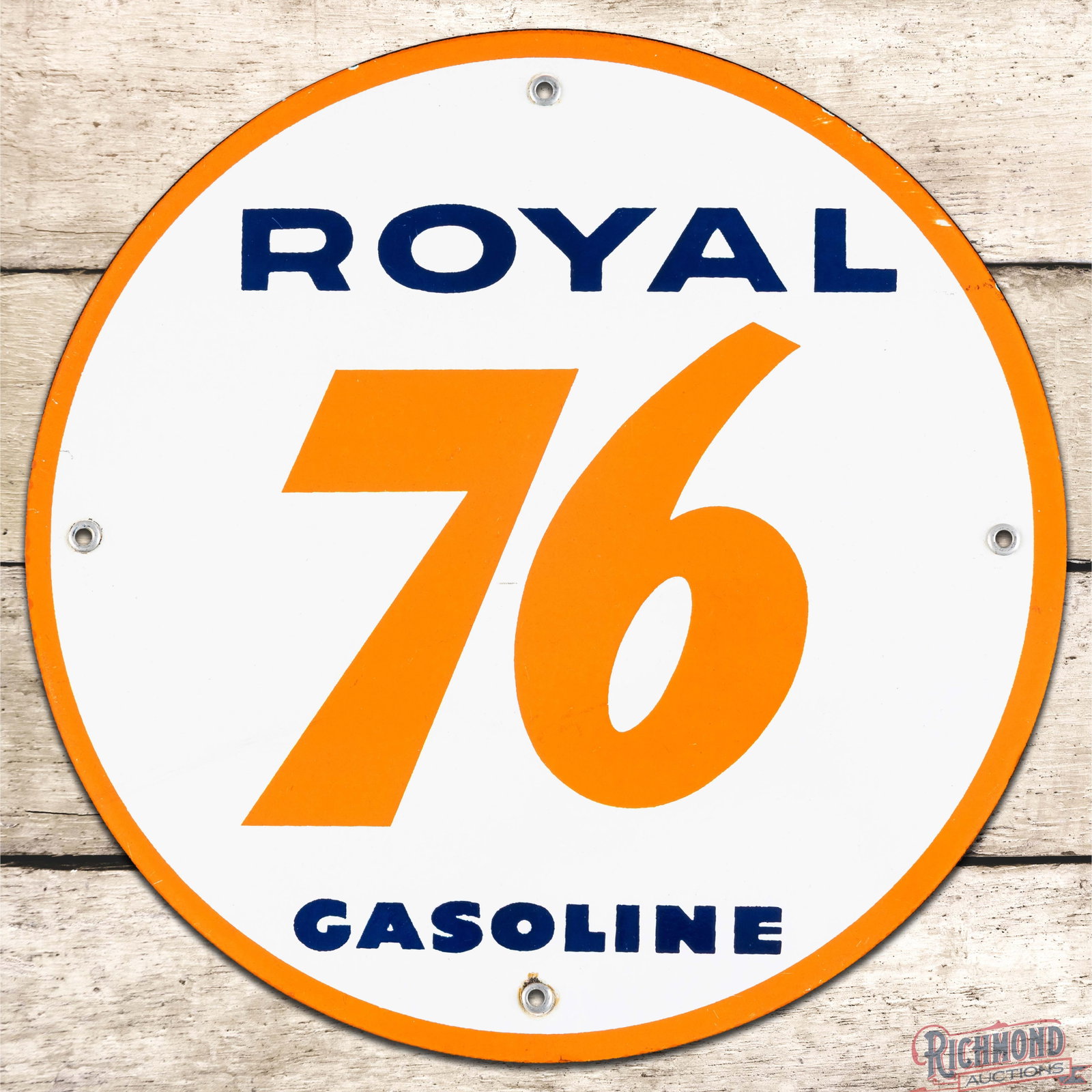 Union 76 Royal Gasoline Single Sided Porcelain Pump Plate Sign: SSP (single sided porcelain) sign has excellent color and gloss. The field has a tiny fine scratch between the 7 & 6. The perimeter has a faint bend with slight crazing from the left edge which procee