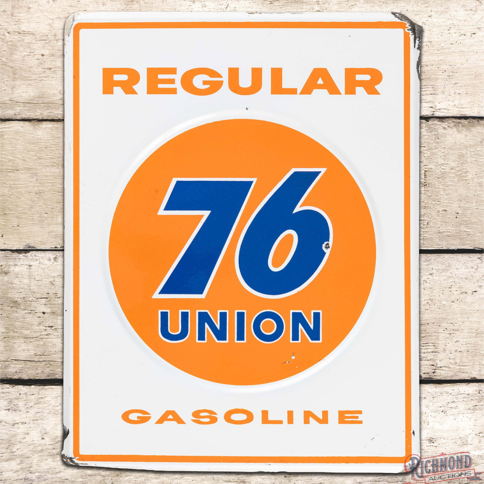 Union 76 Regular Gasoline Emb. Single Sided Porcelain Pump Plate Sign w/ Logo: SSP (single sided porcelain) embossed sign has good color and gloss. The field has light wear with chips in the logo and additional tiny flea bites and marks in the outer fields. The perimeter has ben