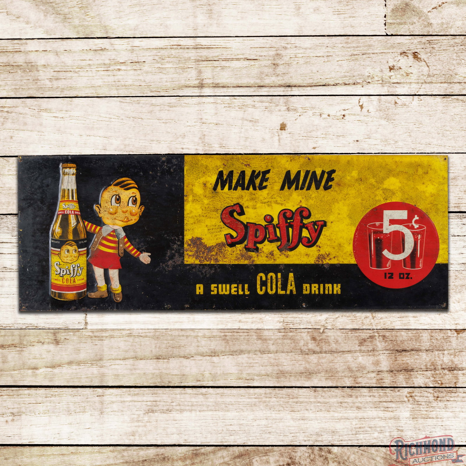 Make Mine Spiffy "A Swell Cola Drink" 5 Cents Emb. Single Sided Tin Sign w/ Boy & Bottle (1 of 3)