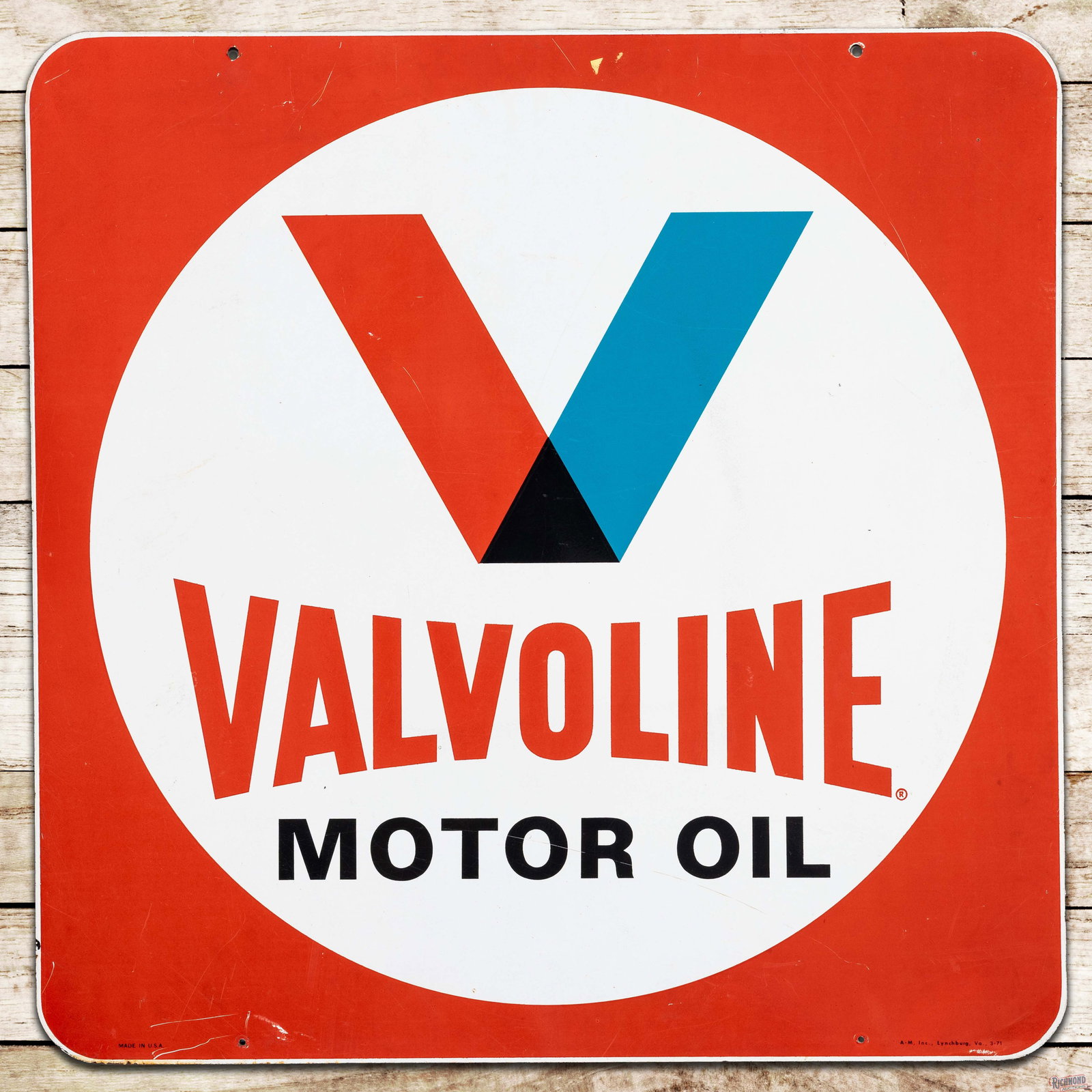 1971 Valvoline Motor Oil 30" Double Sided Tin Sign w/ Logo: DST (double sided tin) sign has very good color and shine. The display has fine scratches and light wear in the fields. The perimeter has two small non-factory holes on the lower edges with scuffs and