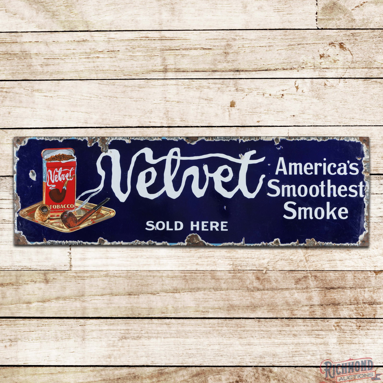 Velvet America's Smoothest Smoke "Sold Here" 39" Single Sided Porcelain Sign: SSP (single sided porcelain) sign has good color and gloss. The display has surface wear with small chips. The perimeter has large chips with heavy wear along the outer edges. The sign displays well w