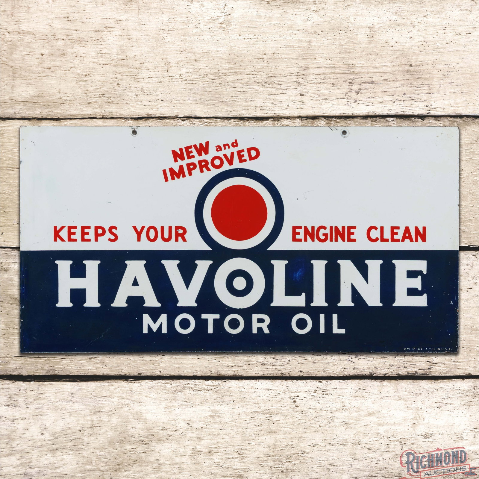 Havoline Motor Oil Double Sided Tin Sign w/ Bullseye Logo: DST (double sided tin) sign has very good color and shine. Both sides have been clear-coated to enhance the finish. The display and reverse have light surface wear throughout. Marked AM 12-47 Made in 