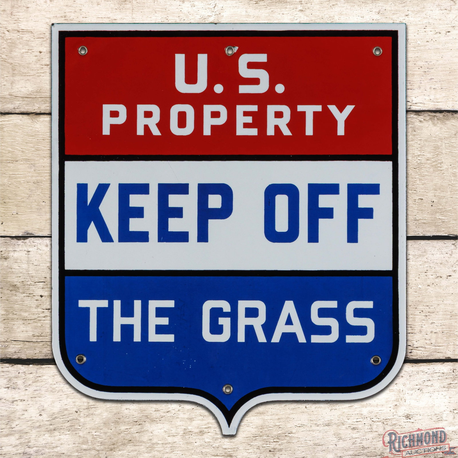 U.S. Property Keep Off The Grass Die Cut Single Sided Porcelain Shield Sign: SSP (single sided porcelain) die cut sign has outstanding color and gloss. The field is exceptionally clean with a few minor surface imperfections and factory blemishes in the lower left field. The pe