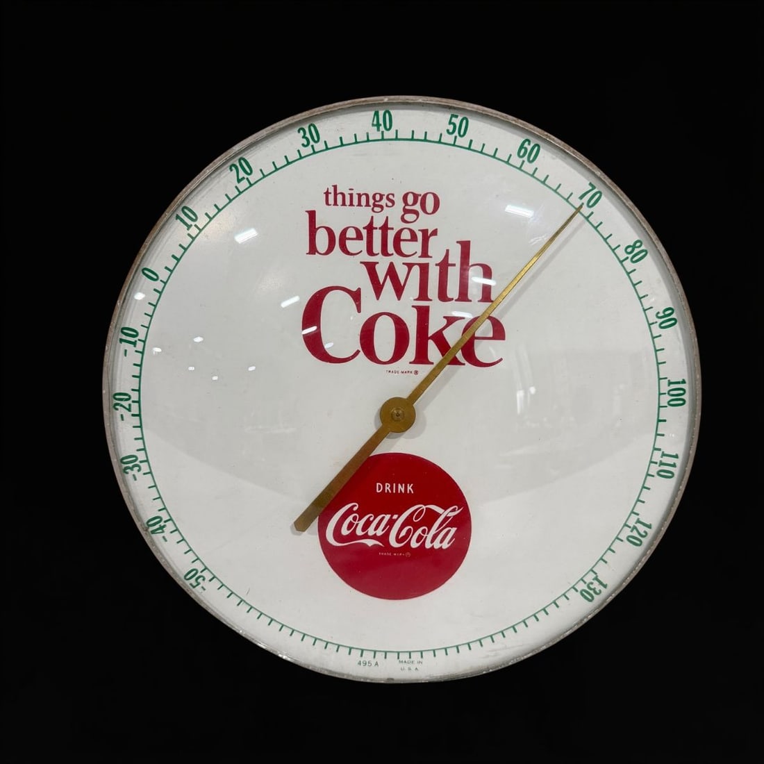 Things Go Better With Coke Coca Cola Soda Thermometer: Functioning Coke thermometer. 12" H. All items are eligible for free delivery to Rustbelt Americana in East Moline, IL on 8/6-7 or other shows that Richmond Auctions attends. Size 12" H Medium Tin