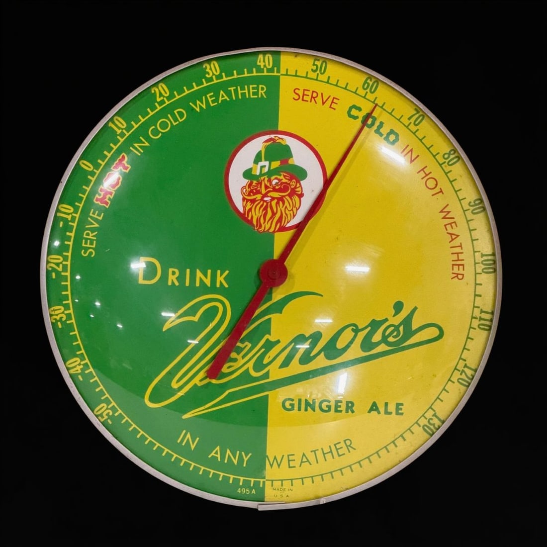 Drink Vernor's Ginger Ale Thermometer: Functioning thermometer. 12" H. All items are eligible for free delivery to Rustbelt Americana in East Moline, IL on 8/6-7 or other shows that Richmond Auctions attends. Size 12" H Medium Tin
